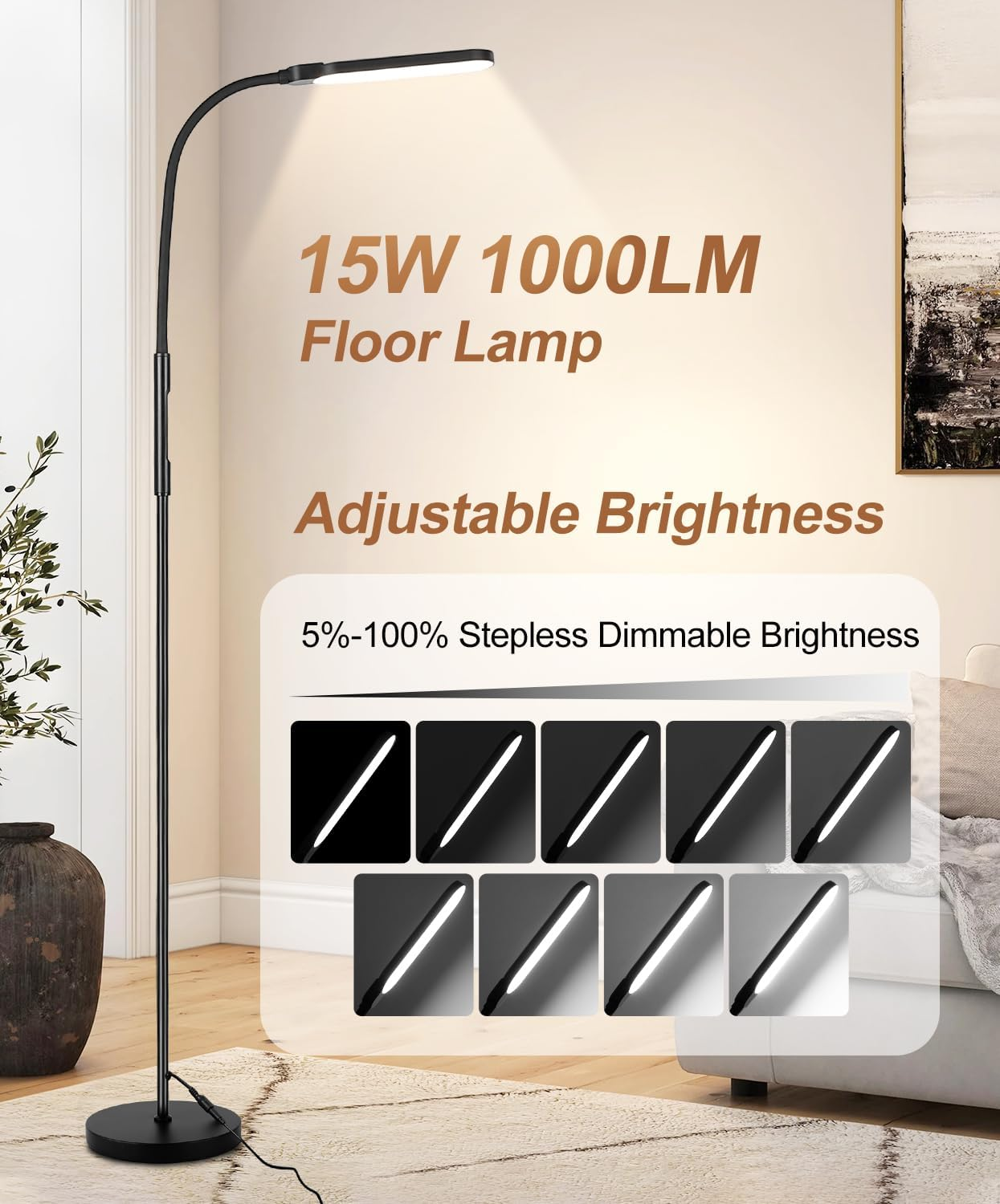 Bright LED Floor Lamp for Living Room, 15W 1000LM Gooseneck Reading Light with Remote& Touch Control, Adjustable 2000K-6000K Colors& Brightness,1H Timer, Modern Standing Lamp for Bedroom Office image number 5