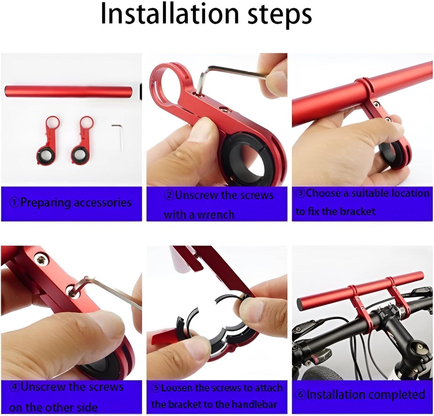 Fkereg Bicycle Handlebar Extender, 20Cm Double Clamp Mount Handle Bar Extension for Bike, Aluminum Alloy Handlebar Extensions Bracket for Bicycle, Cycling Equipment Attachment, Red - Blue image number 3