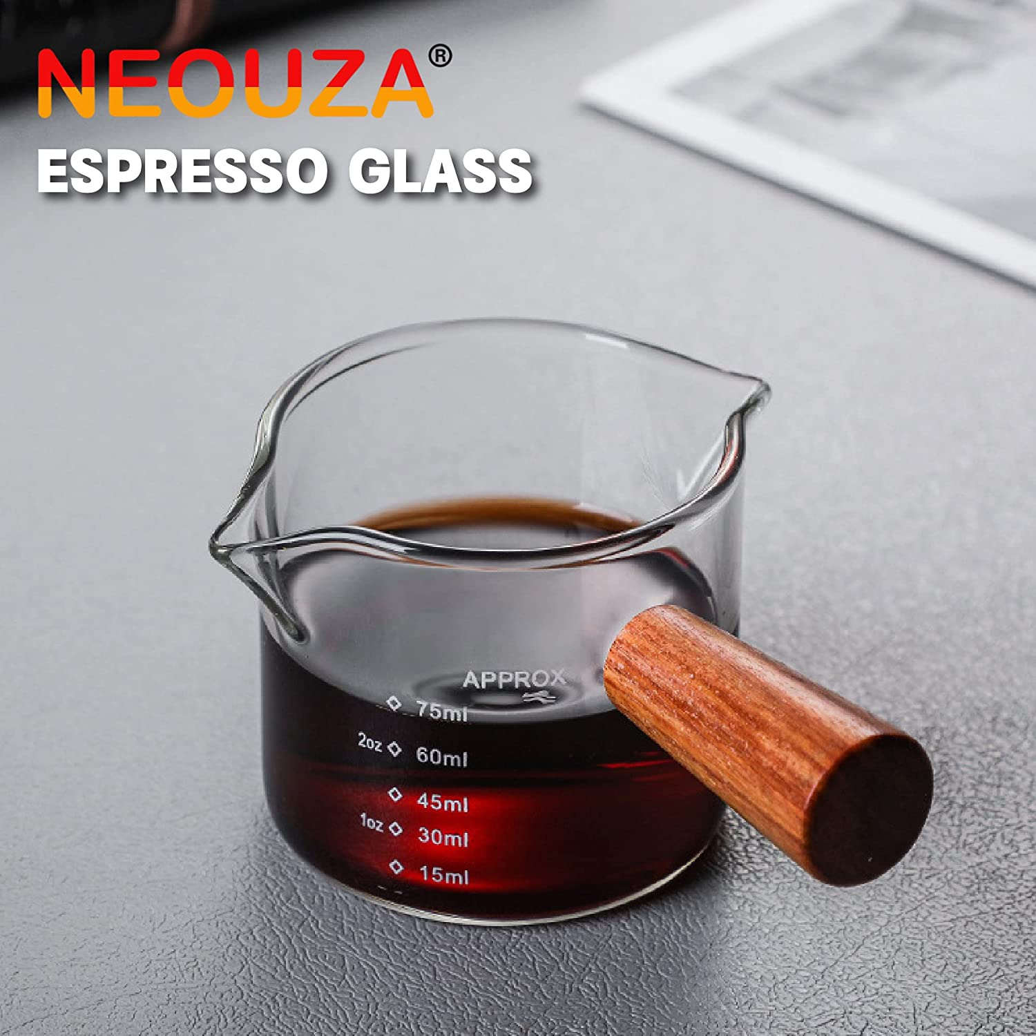 NEOUZA Espresso Cups with Wood Handle, Clear Glass, Double Spout Measuring Cup with Dual Scale, V-Shaped Spout Shot Glass, 3.4Oz/100Ml image number 3