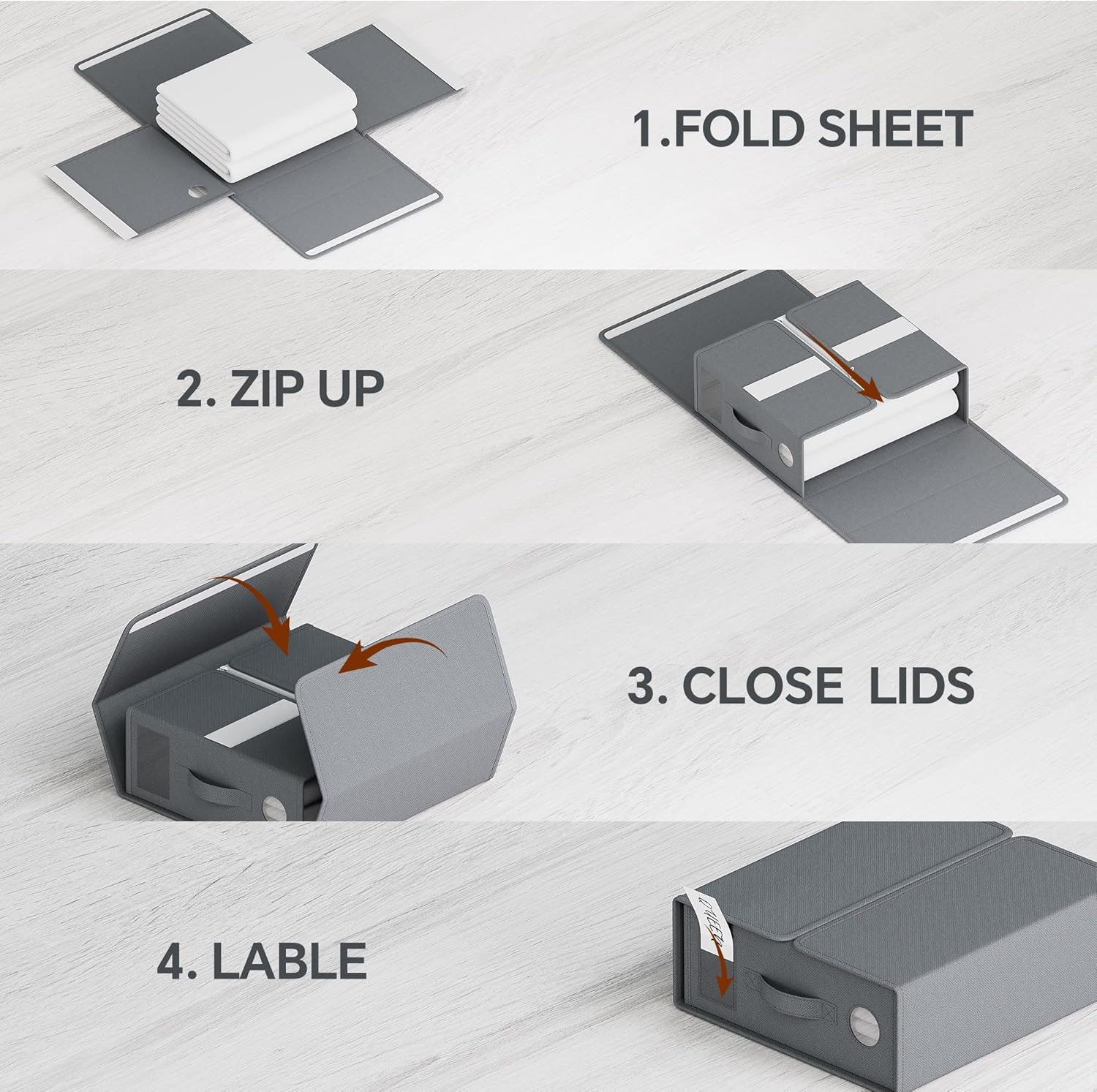 TRZZ 4-Pack Bed Sheet Organizers and Storage, Foldable Linen Bins with Window and Labels, Bedding Holder for Queen/King Duvet Covers, Keeps Bedding Neatly Organized and Accessible (Grey) image number 2