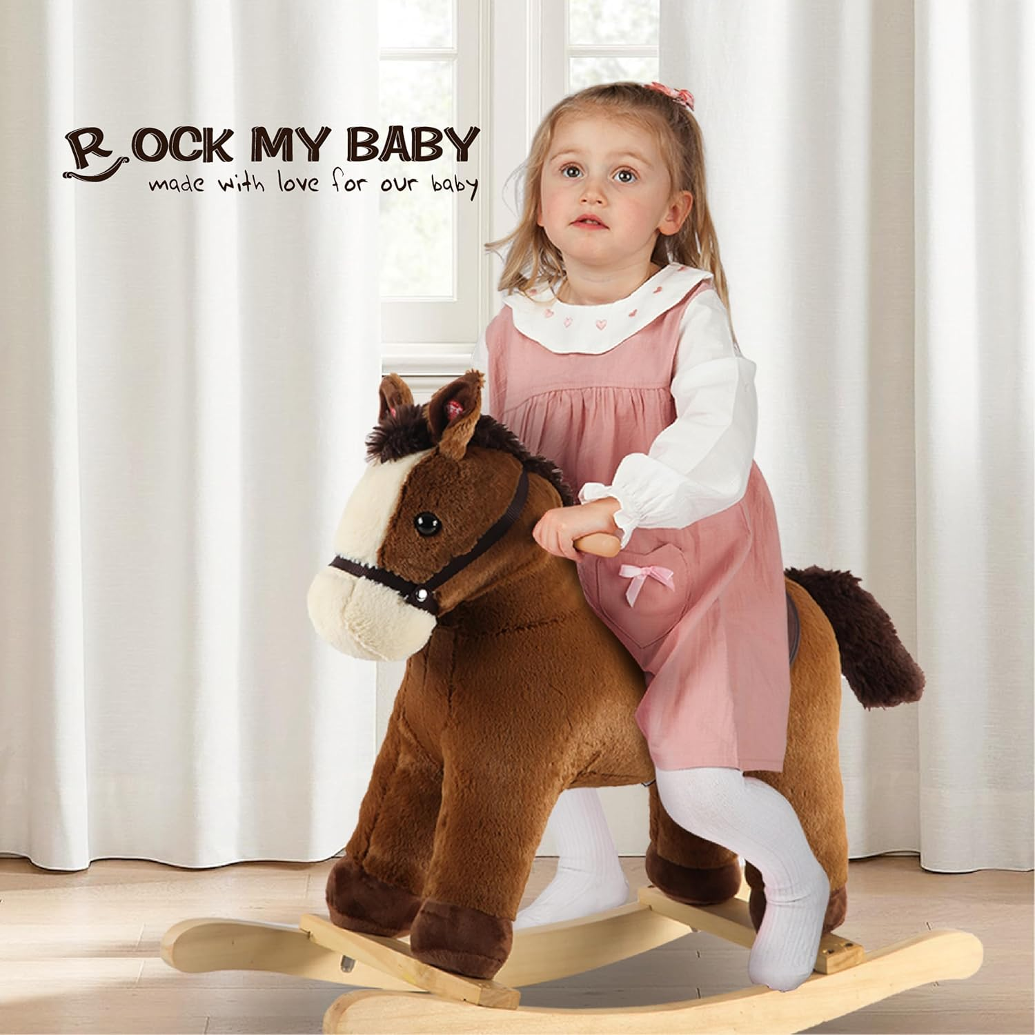 ROCK MY BABY Plush Rocking Horse, Soft Filling Ride on Pony, Rocking Animal, Stuffed Rocker for Kids 18 Months and up (Dark Brown)