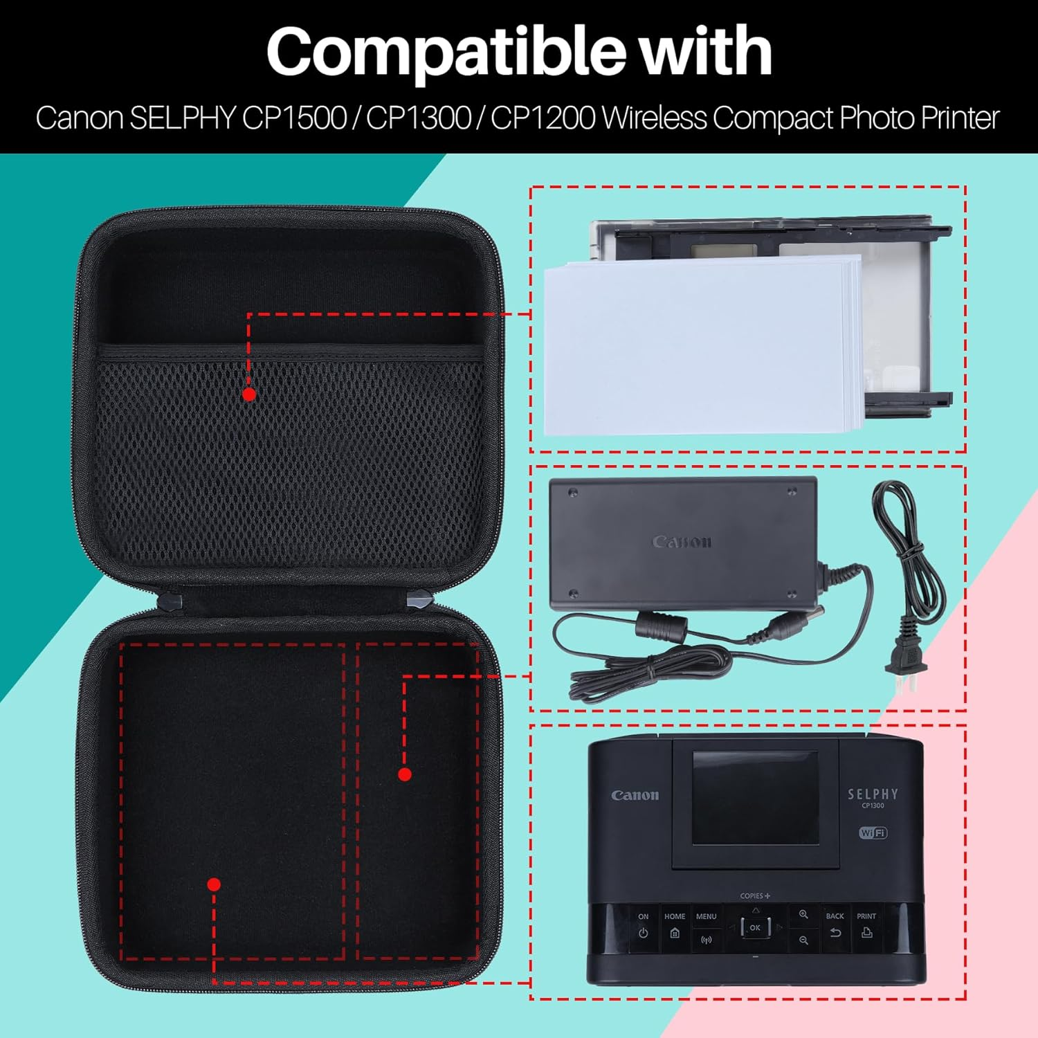 Lebakort Hard Case Compatible with Canon SELPHY CP1500 CP1300 CP1200 Compact Photo Printer (Off White Case) - Black Case image number 6
