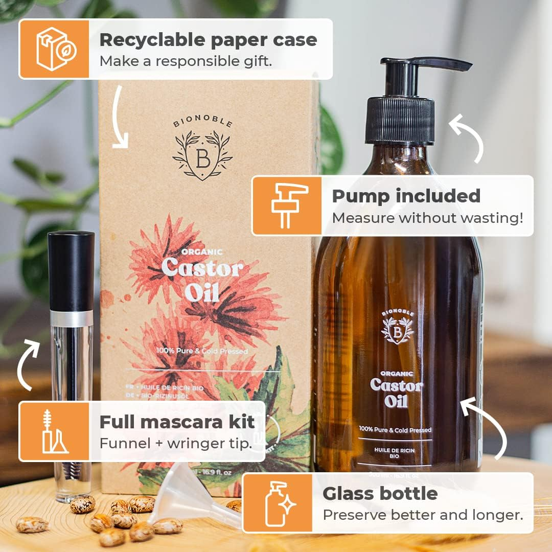 Bionoble Castor Oil Organic 500 Ml - 100% Pure, Natural, Cold Pressed - Eyelashes, Eyebrows, Hair, Beard, Nails - Vegan, Cruelty Free - Castor Oil - Glass Bottle + Pump + Mascara Kit image number 3