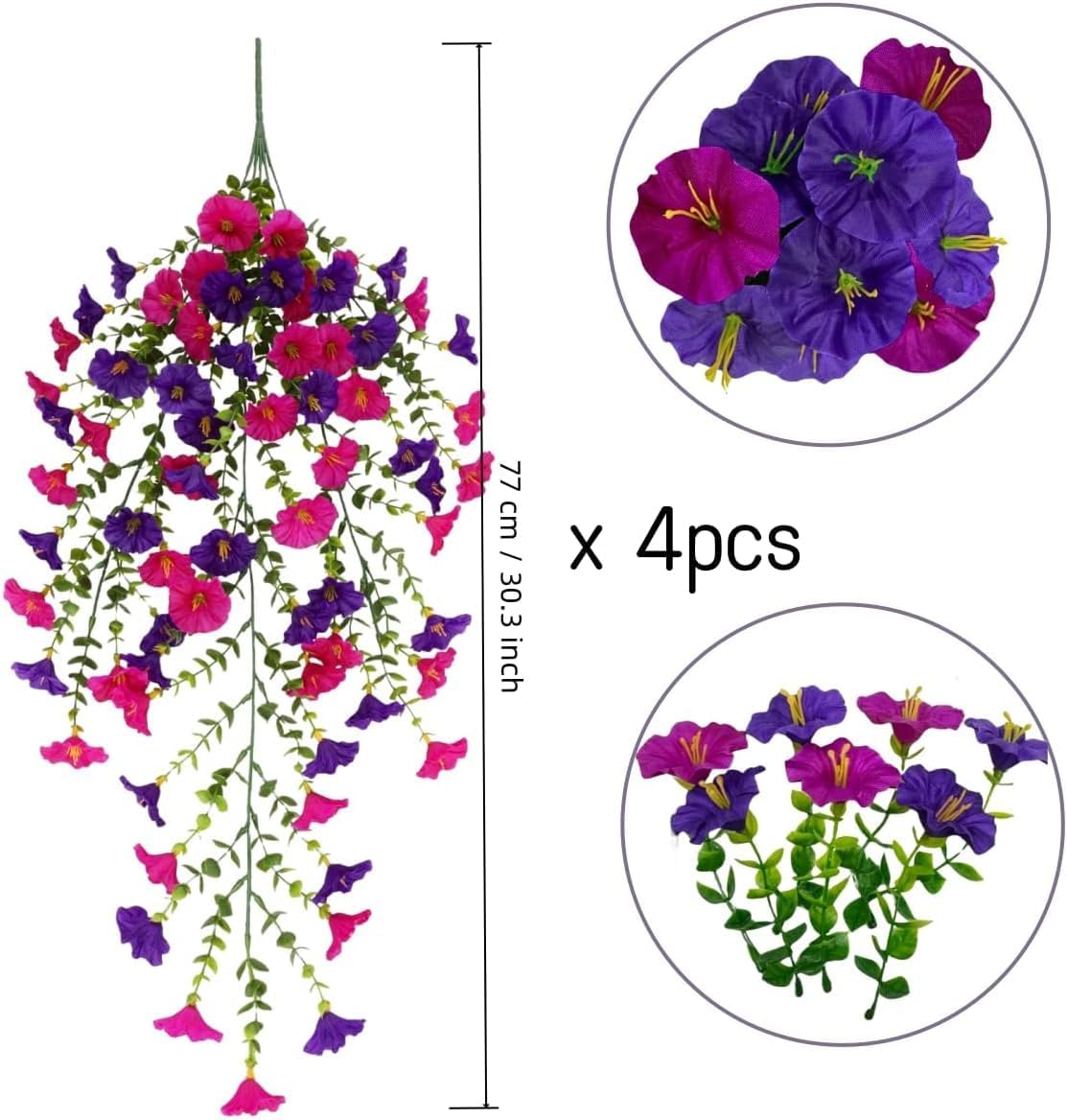 4 Pack Artificial Hanging Flowers, Fake Flower Morning Glory with Eucalyptus Leaves for Spring Summer Decoration, UV Resistant Look Real for Outdoor Home Indoor Planter Porch Patio Balcony Yard Decor image number 1