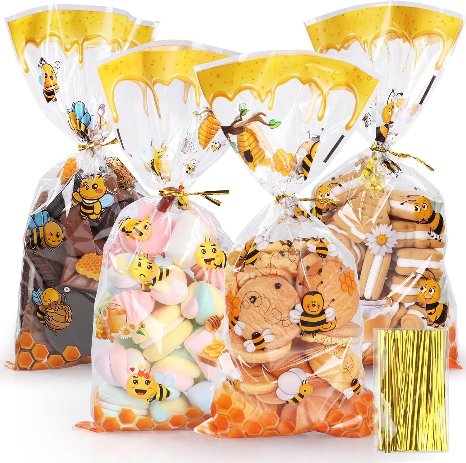 Bigqin 100Pcs Cellophane Treat Bags for Birthday 4 Patterns Plastic Candy Cookie Bags with Twist Ties Happy Birthday Party Favor Bags Goodie Bags(27 * 12.5Cm)