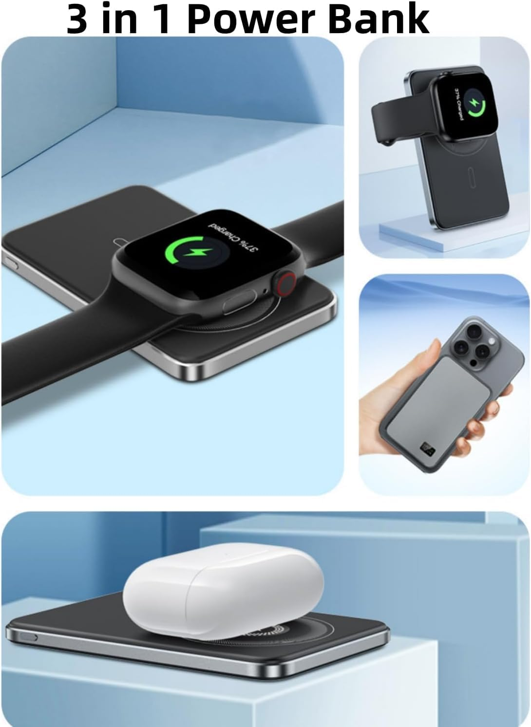 10000Mah Wireless Portable Charger, 3 in 1 Magnetic Power Bank 20W PD Fast Charging USB C Battery Pack with LED Display Compatible with Iphone 16/15/14/13/12, Watch Series, Airpods image number 5