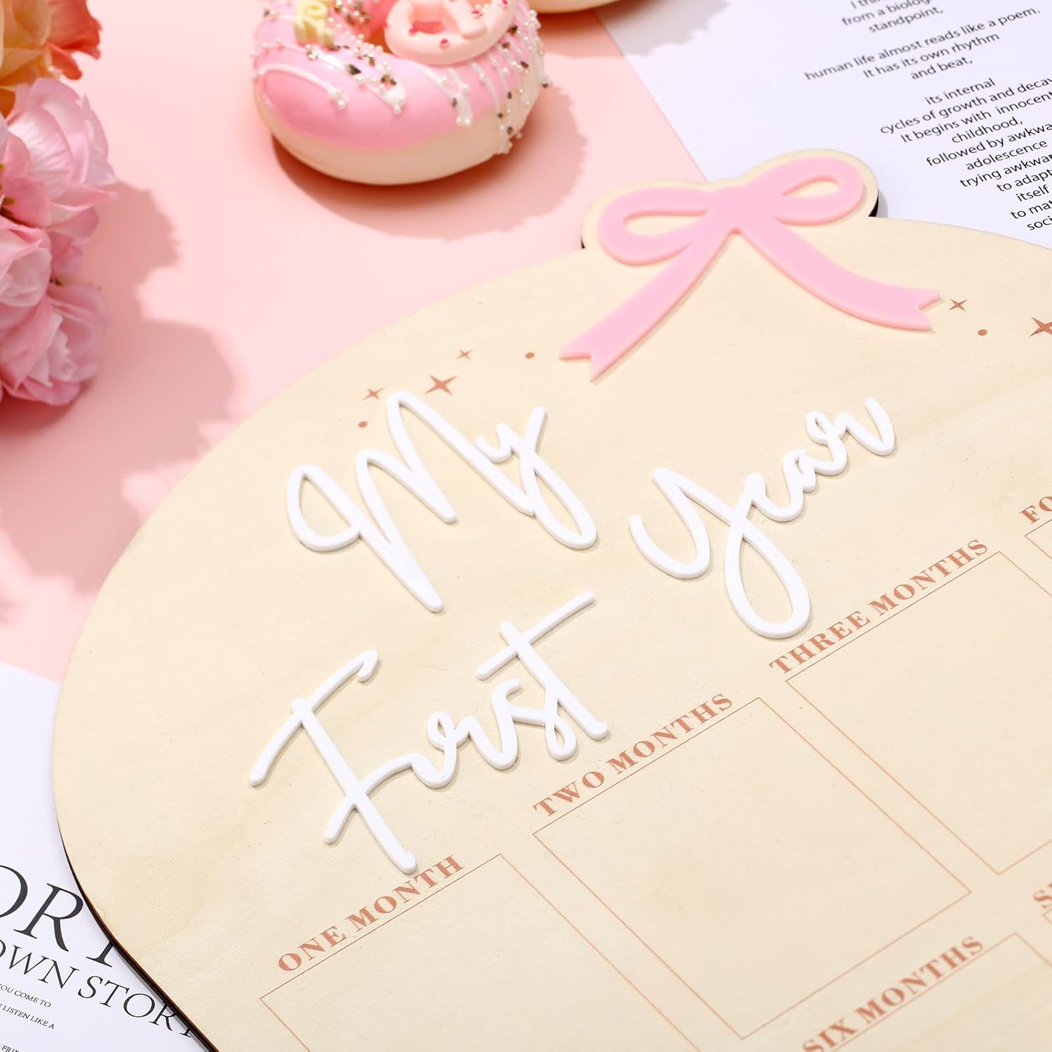 Weysat Pink Bow My First Year Photo Board, Wood 3D Coquette One Year of Photo 12 Months Monthly Milestone Board Picture Display Frame 1St Birthday Decorations Gift Bow Nursery Decor image number 4