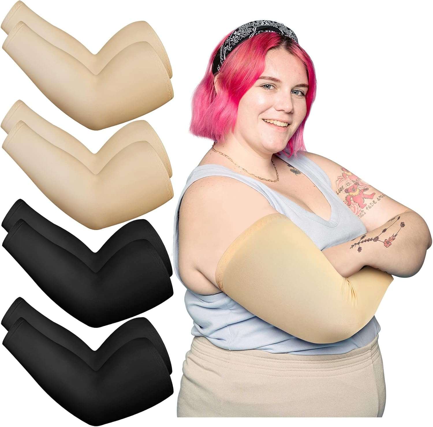 4 Pair plus Size Arm Sleeves UV Protection Sun Sleeves Arm Compression Sleeve Oversized Tattoo Sleeve Covers for Women Men
