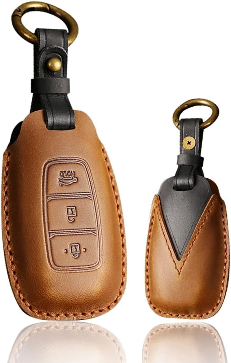 Ontto Leather Car Key Case Fit for Hyundai Palisade Accent Santa Fe Veloster Kona Electric Nexo Elantra GT I30 Key Fob Cover Keyring Remote Key Holder Keychain Key Protective Accessories Brown