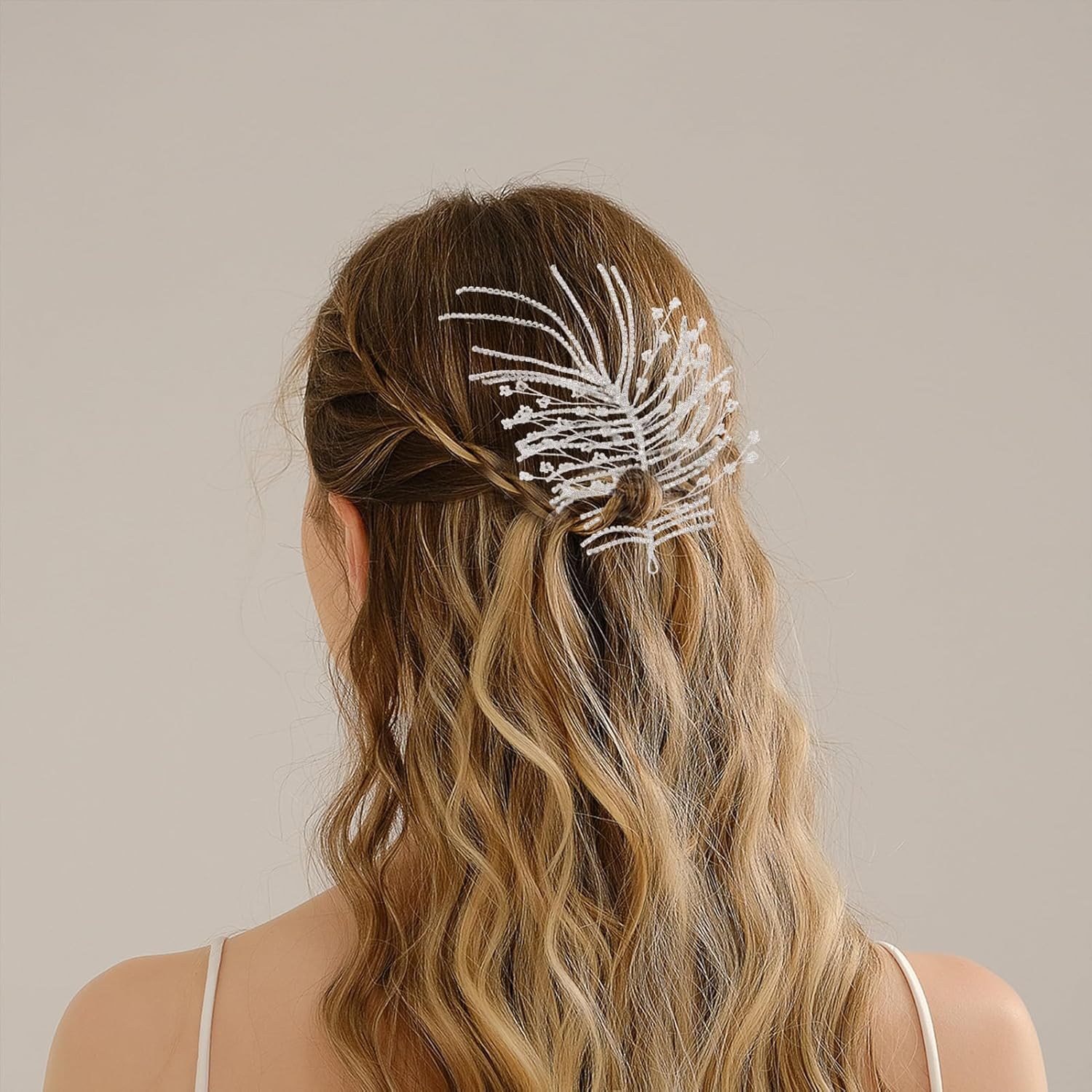 NICENEEDED Wedding Crystal Bridal Headband, Silver Women'S Rhinestone Leaf Side Hair Pieces, Boho Vintage Hair Accessories for Bridesmaids Party image number 5