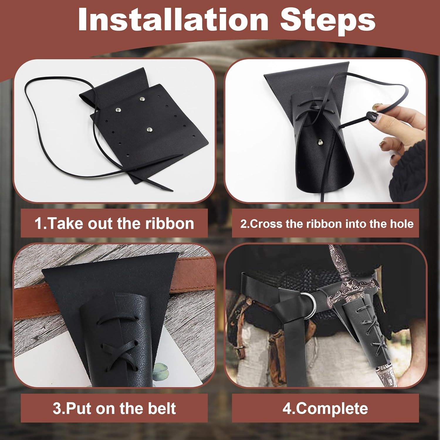 Dagger Holder Sword Belt with Lacing, Medieval-Style Sword Frog, Adjustable Leather Sword Holster for Costume Cosplay, Belt Sheath Accessory and Renaissance Accessories - Burgundy image number 3