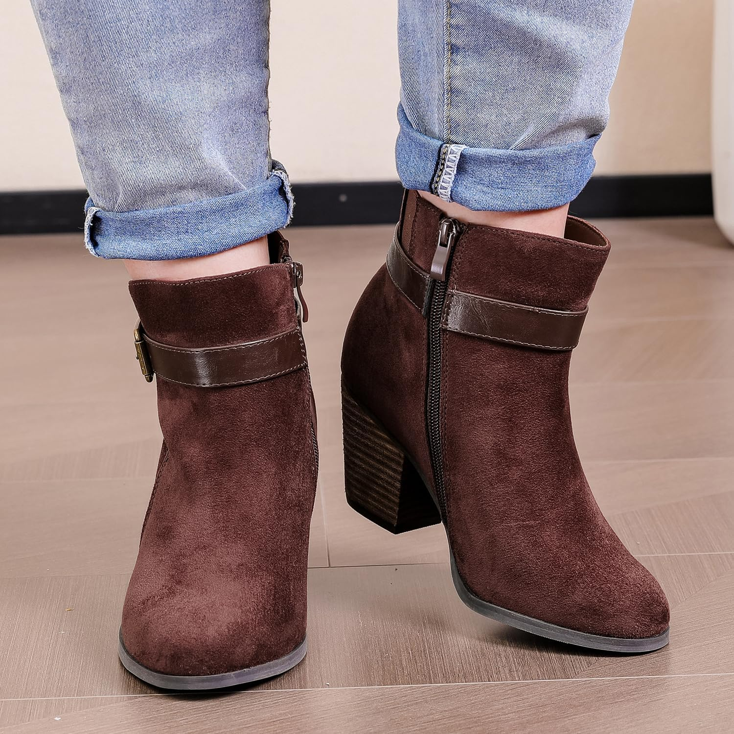 Luoika Women'S Wide Width Ankle Boots, Extra Wide Mid Heel Side Zipper Booties. image number 6