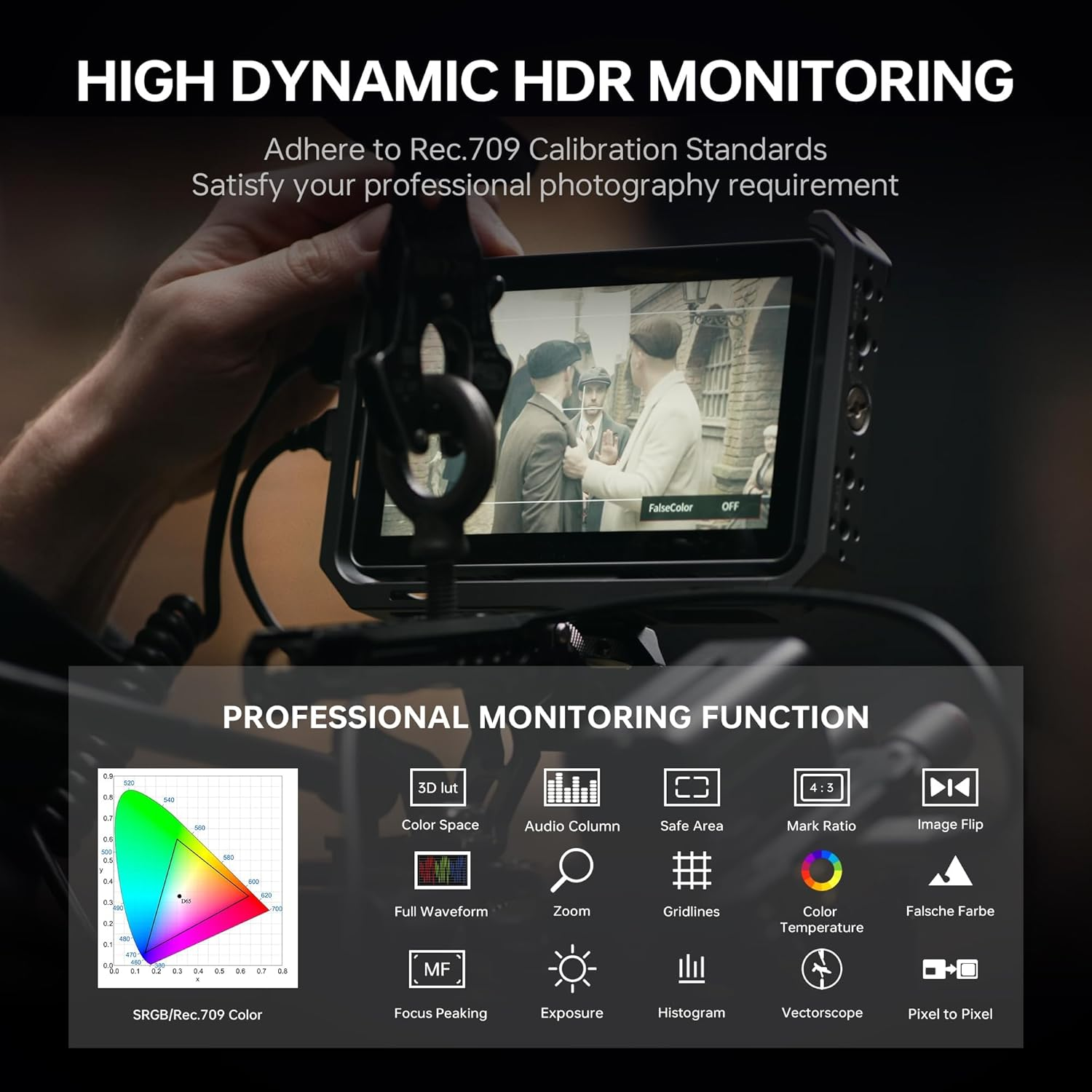 VILTROX DC-X2 2000 Nits Camera Field Monitor Kit with Rig Cage 6 Inch Touchscreen DSLR Monitor with 1920X1080 IPS 4K HDMI Loop In/Out 3D Luts Waveform Video Peaking Focus Assist Battery Sunshade Hood image number 3