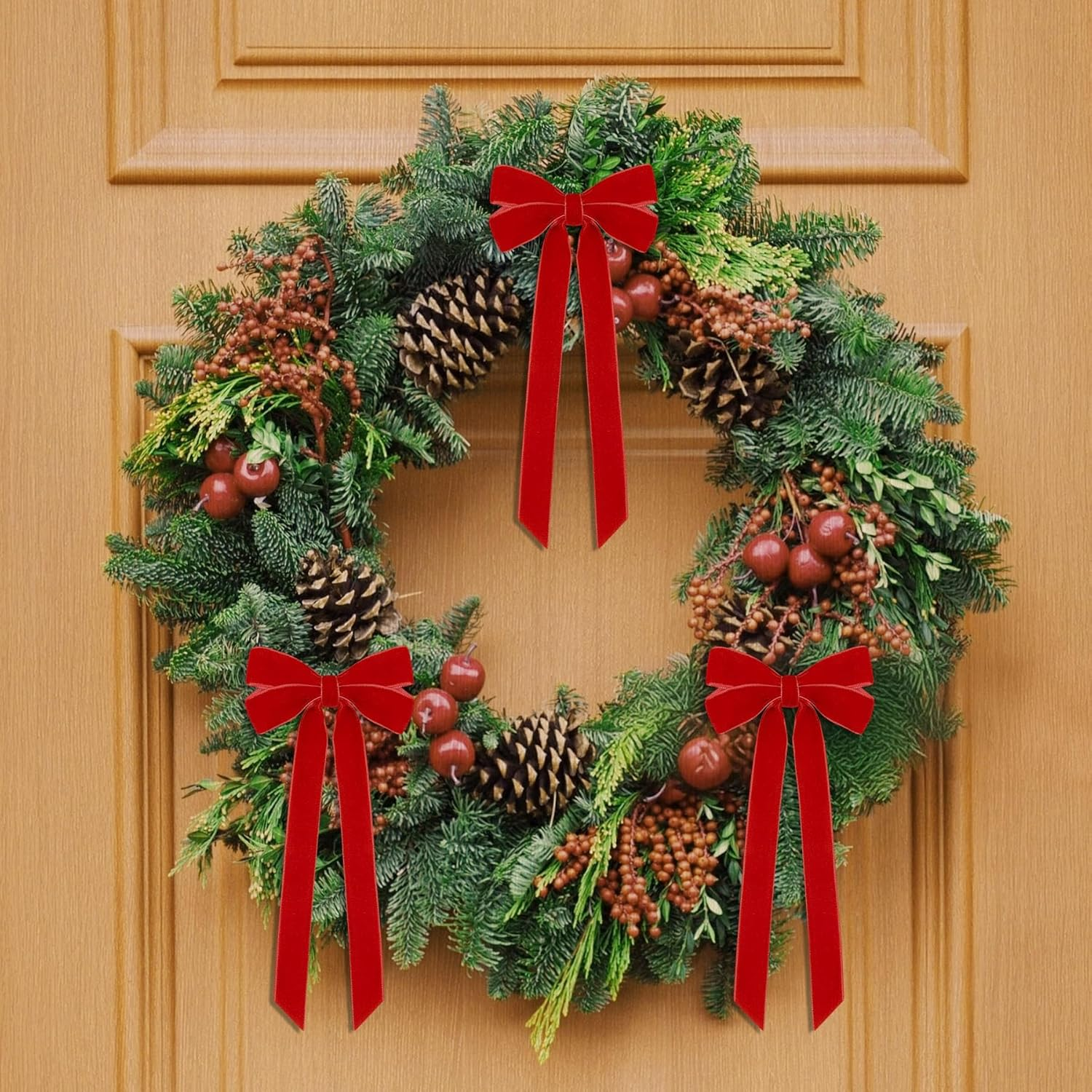 ZZWILLB 12Pcs Velvet Ribbon Bows Christmas Tree Decorations,13Cm X 26Cm Xmas Ornaments for Tree Home Party Front Door Wreath Garland Holiday Decor (Red) image number 3