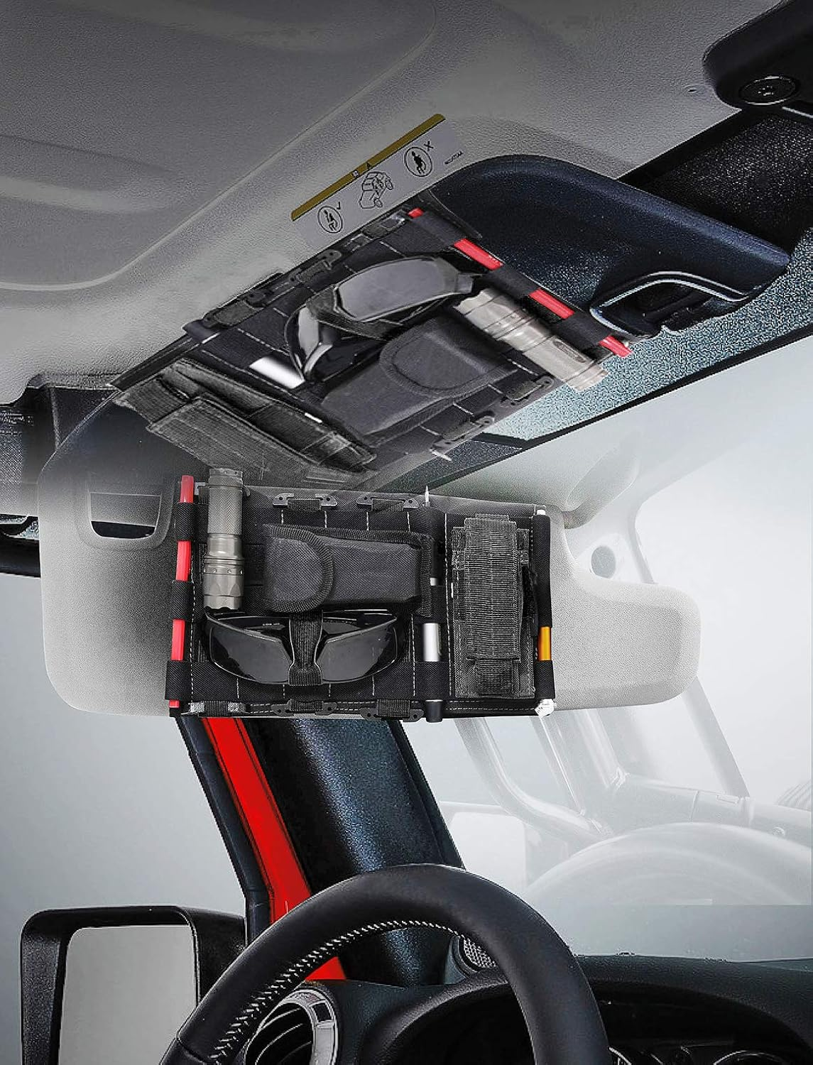 Savadicar Tactical Sun Visor Organizer Front Visor Storage Cover for 2007-2023 Jeep Wrangler JK JL & Gladiator JT, Interior Storage Accessories, Black, 1 PCS image number 1