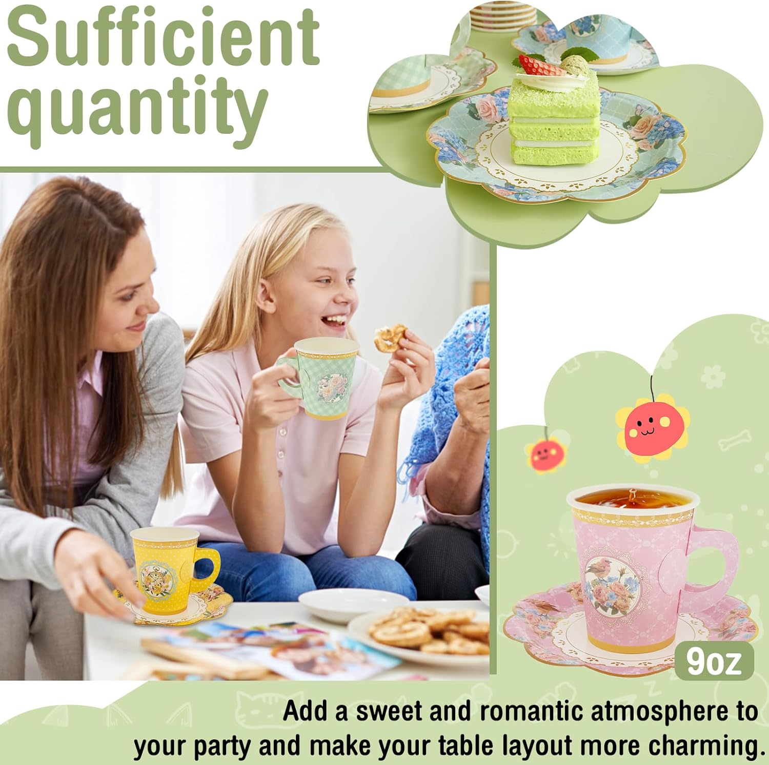 64 Sets Tea Party Supplies,Floral Paper Tea Cups and Saucers,Colorful Flower Teacups,Floral Tea Cups with Handle for Hot Cold Beverage Birthday Wedding image number 1