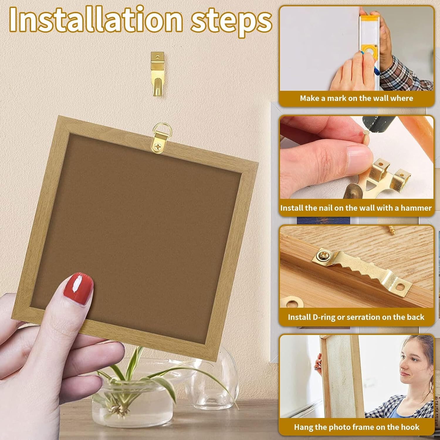 Picture Hanging Kit, Heavy Duty Frame Mirror Picture Hanging Hooks, 75Lb/40Lb/30Lb/20Lb/10Lb Picture Hangers with Wall Nails, Hanging Wire, Saw Tooth, D Ring, Screw Eyes and Level for Wall Mounting