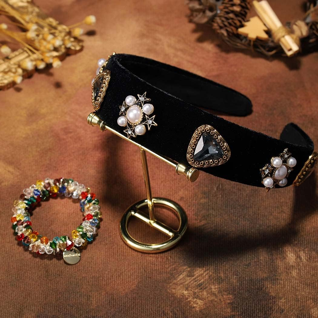 Sinalty Black Baroque Wide Headbands Rhinestone Pearl Hairband with Beaded Hair Ties Vintage Velvet Crystal Hair Band Party Headpieces for Women (Elegant) image number 3