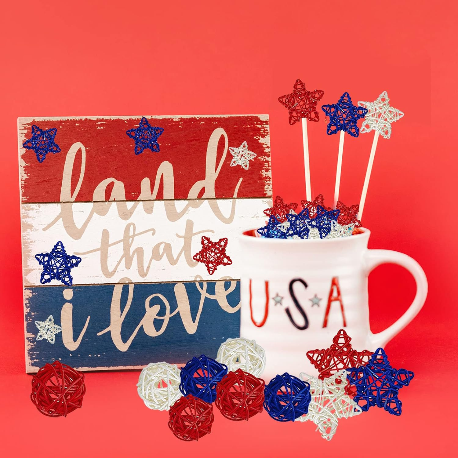 OZIO-US 4Th of July Star Rattan Decoration, Red Blue White Stars for 4Th of July Independence Day Home Decor DIY Craft Vase Bowl Filler Table Decoration image number 3