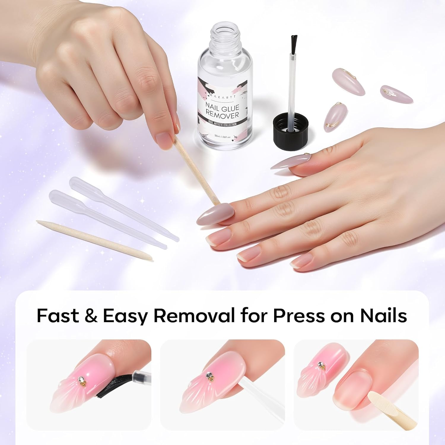 Makartt Nail Glue Remover for Press on Nails - 30ML Glueoff Easy Removal Versatile Debonder for Glue on Tips, Regular Polish, Quick Glues and Semi-Cured Sticker DIY Manicure Supply image number 4