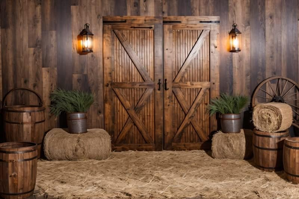 Rustic Barn Door Backdrop 10X8Ft Fabric Farm Barn Backdrops for Wedding Party,Western Country Theme Birthday Baby Shower Party Backdrop image number 1