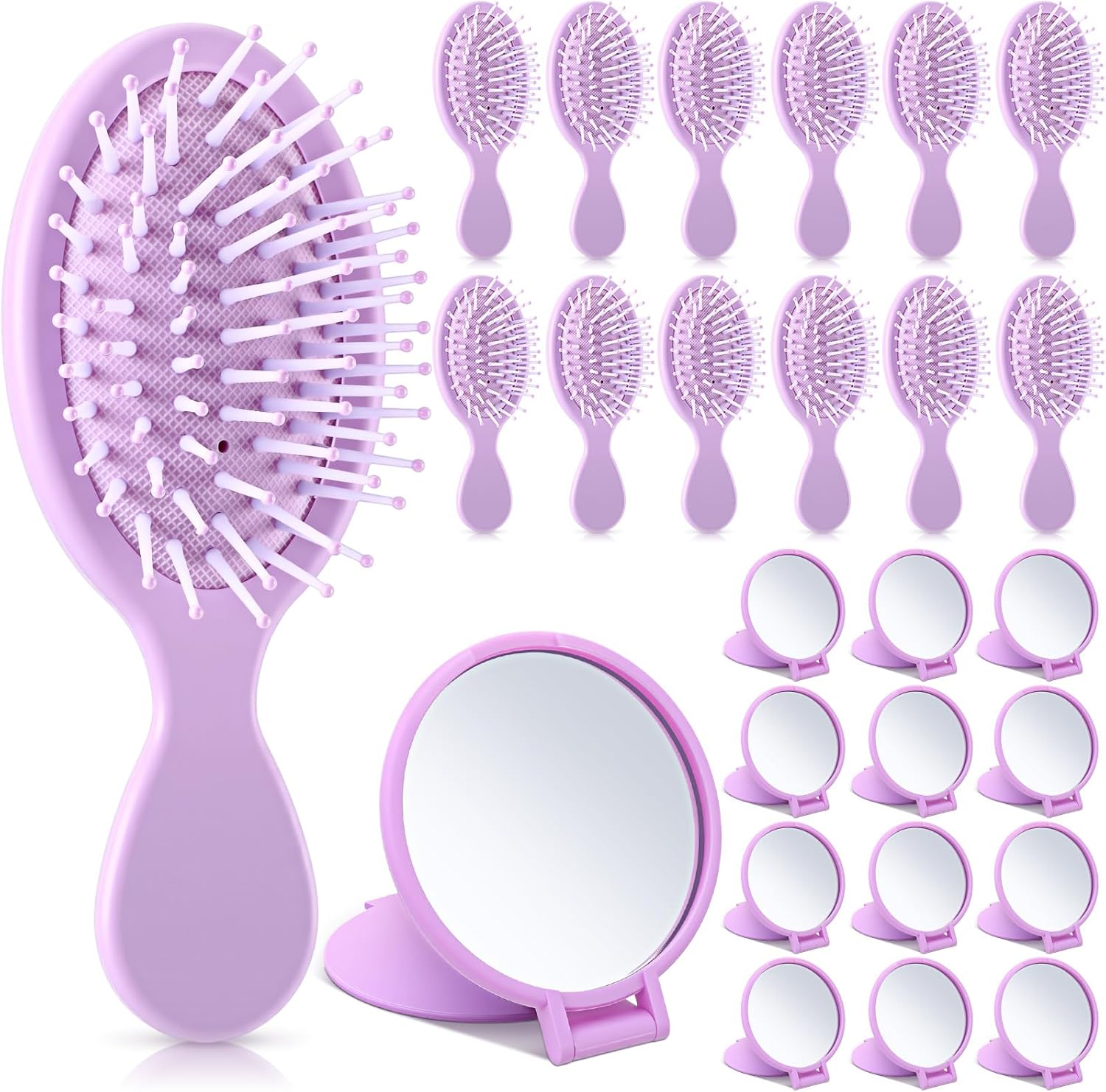 Meanplan 24 Pcs Mini Hair Brush Set 12 Travel Wet Dry Hair Combs Pocket Detangling 12 Compact Folding Makeup Mirrors for Spa Sleepover Birthday Bridal Shower Bachelorette Christmas Party Gift(Purple)
