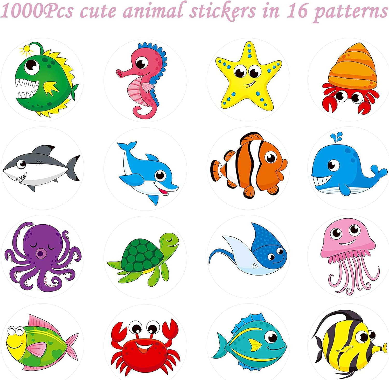 Betterjonny 1000Pcs Animal Stickers, 2.5Cm round Marine Sea Stickers 16 Patterns Ocean Rolls round Motivational Labels for Envelope Card Party Decor Teacher Classroom image number 4