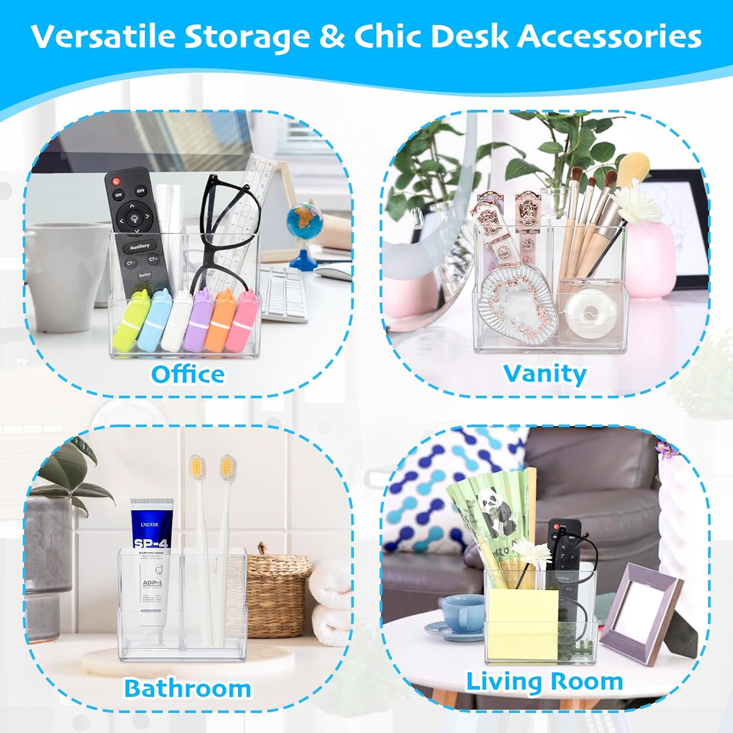 Marte Vanci Pen Pencil Holder, Acrylic Pen Holder Clear Makeup Brush Holder Desk Organiser Pen Pot Stationery Art Supply Storage with 2 Magnetic Squares Desktop Accessories 3 Slots Clear 1 Pack image number 7