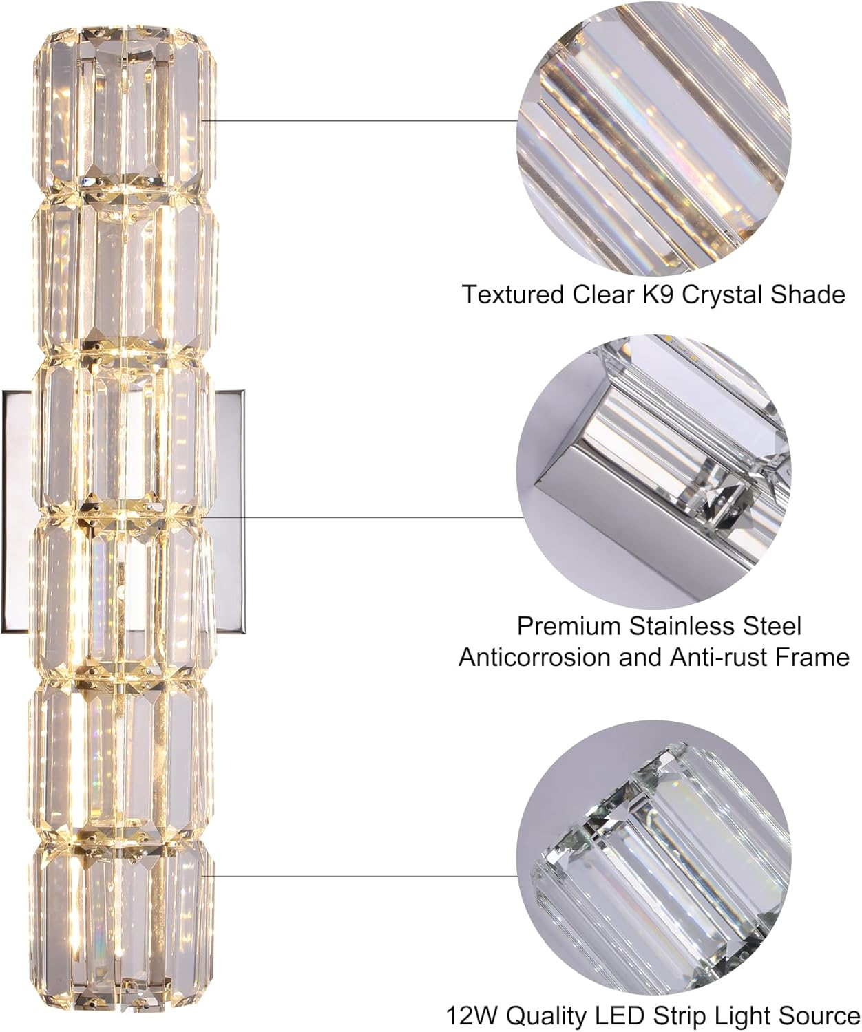 Modern LED Crystal Wall Lamps, 12W Vanity Wall Sconces, 46Cm Indoor Luxury Wall Mounted Lighting Fixture, Adjustable Color Temperature Wall Lights for Living Room, Bedroom, Bedside, Bathroom - Gold+Crystal image number 2