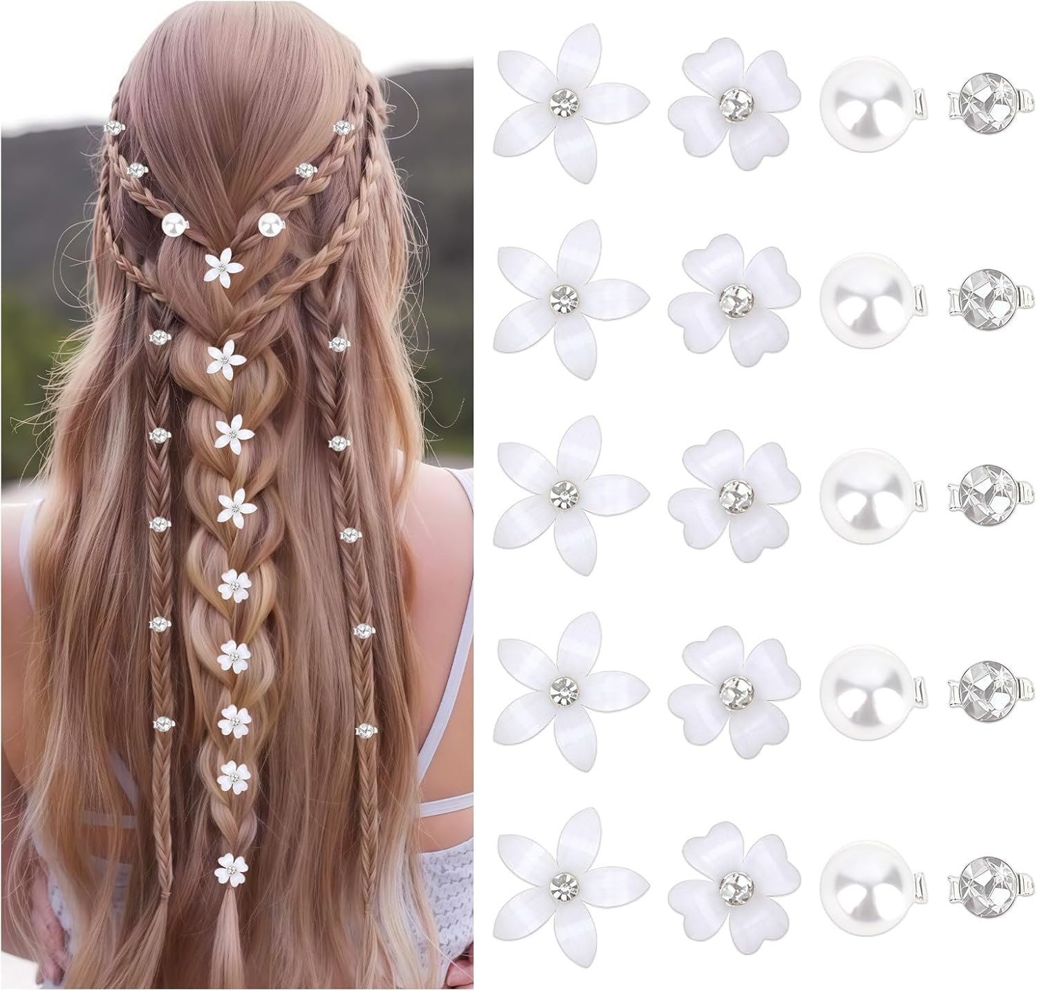 Pack of 20 Mini Flower Hair Clips with Rhinestones, Mini Hair Accessories Wedding, Flowers Hair Clip Small, Bridal Hair Clips Flowers, Small Mini Hair Clips Flowers White for Girls and Women