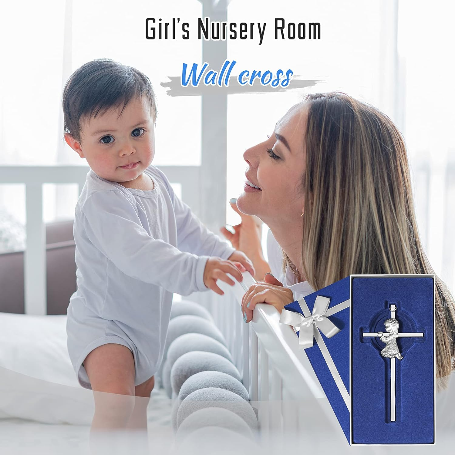 Baby Wall Cross Baptism Gifts for Girl, 6-Inch Silver Praying Girls Baptism Crosses for First Holy Communion Christening and Dedication Baptismal Gifts from Godparents image number 4