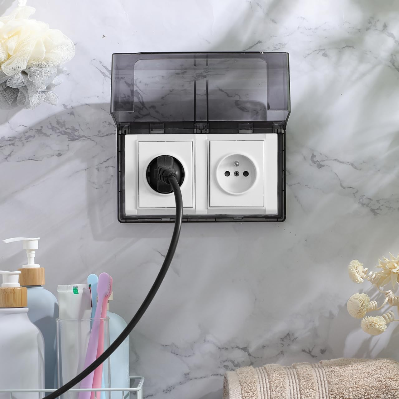 Iplusmile 2-Gang Weatherproof Outlet Cover in Use Electrical Power Outlet Cover, Outdoor Plug and Receptacle Protector for Garden Home Bathroom, Clear Black - Transparent Color image number 6