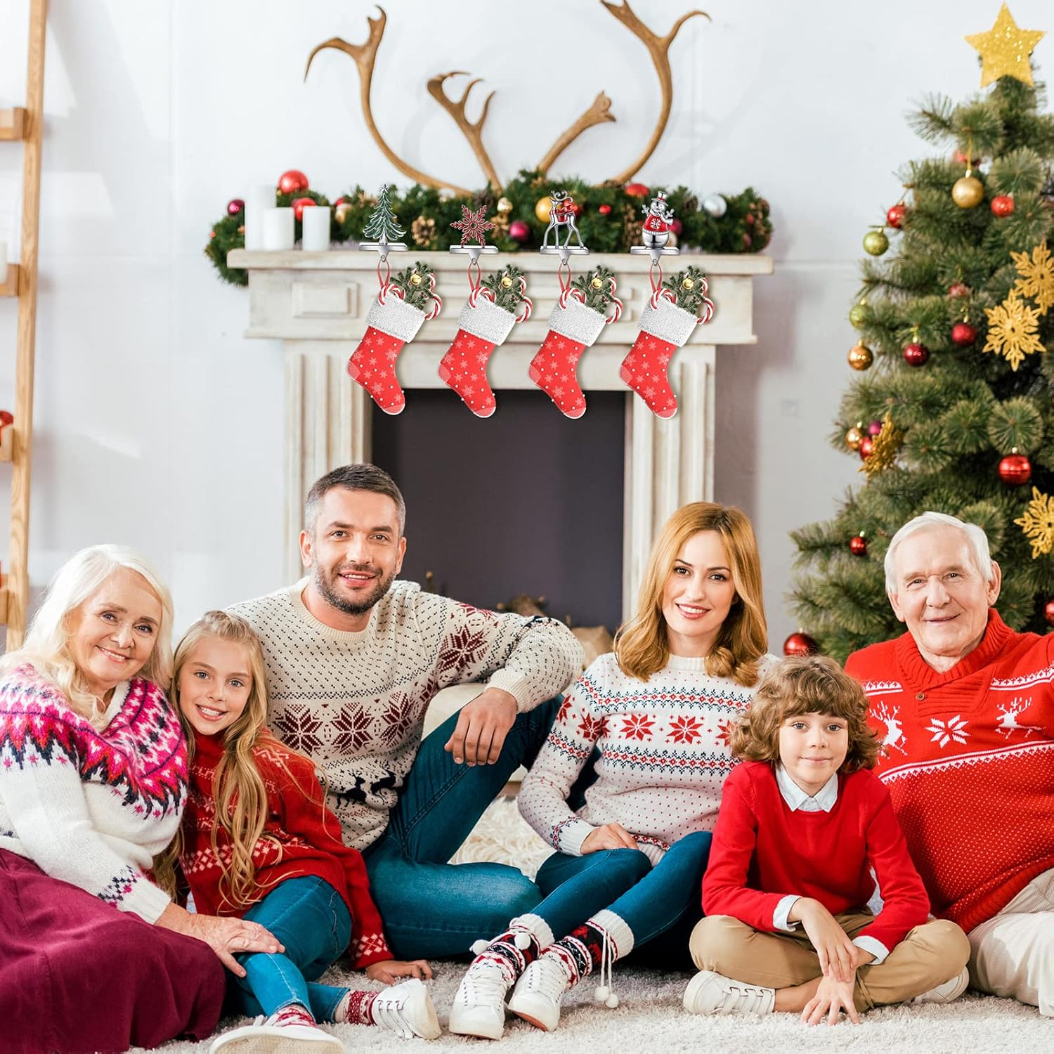 Zhengmy Set of 4 Christmas Stocking Holders for Mantle Reindeer Snowflake Snowman Pine Tree Metal Standing Hook Decorative Holder Stand Silver Stockings Hanger Xmas Fireplace, Blue, Red, Green image number 5