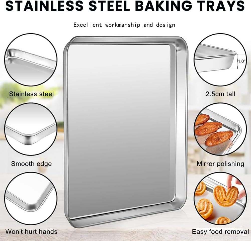 Large Baking Sheets Set of 3,Stainless Steel Baking Tray,Rectangle 16 X 12 X 1 Inches,Professional Bakeware Oven Tray,Healthy & Heavy-Duty, Easy Clean & Mirror Finished image number 2