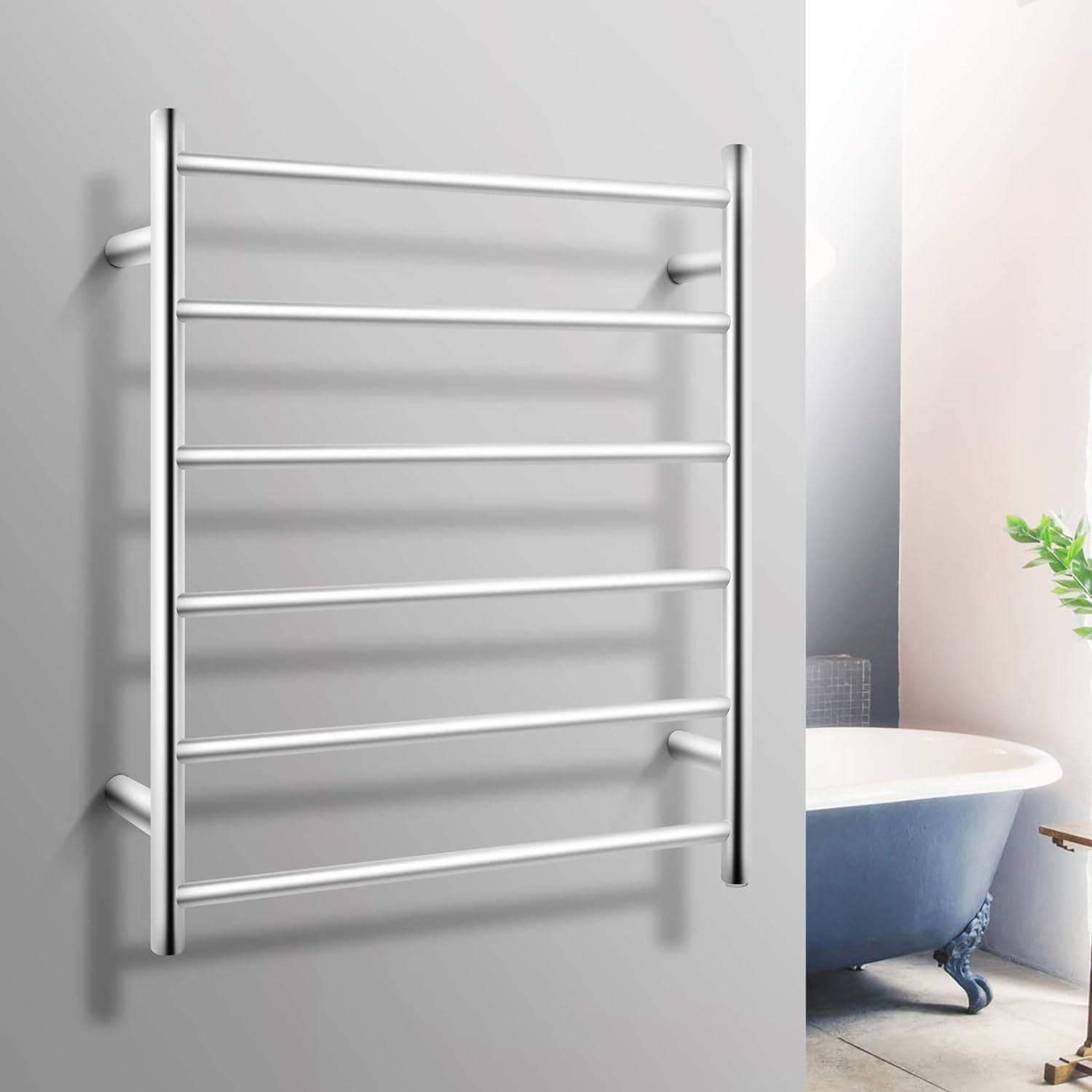 Bathroom Heated Towel Rail 6 Bars round Stainless Steel Electric Heated Towel Energy-Saving Heated Towel Rack Holder Wall Mounted 70W SAA Certificate (Chrome)