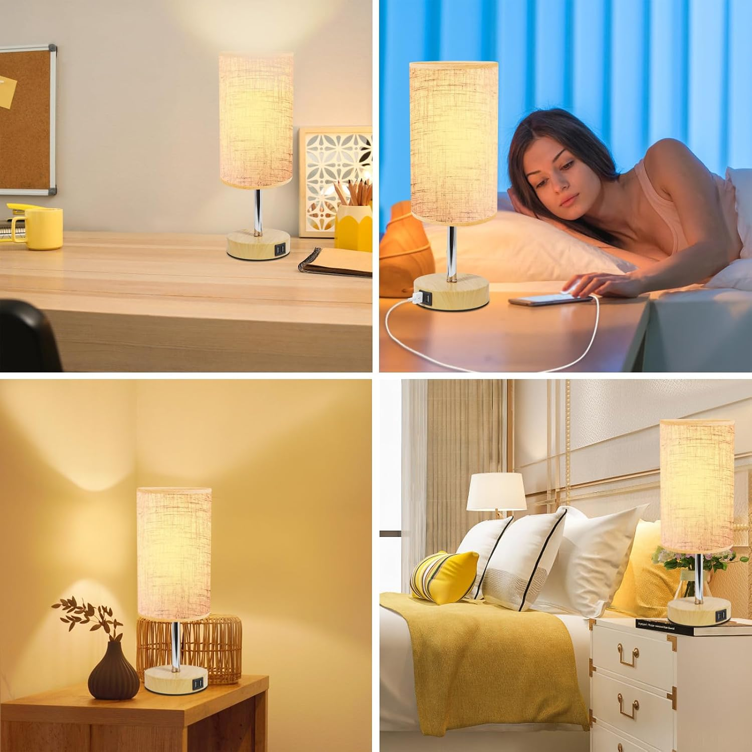 Bedside Table Lamp for Bedroom 3 Way Dimmable Touch Desk Lamp USB Charging Ports Small Lamp Wood Base round Flaxen Fabric Shade for Living Room, Desk, LED Bulb Included image number 2