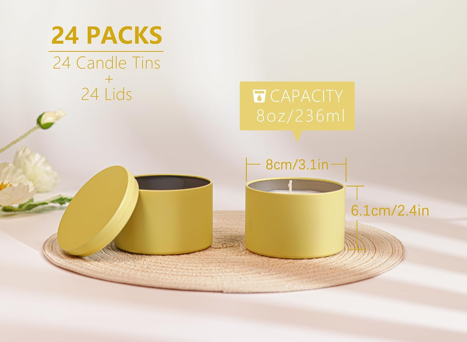 Aroparc Candle Tins 8Oz with Lids, 24 Pack Seamless Candle Containers for Candle Making Supplies Empty Candle Jars - Lemon - White image number 2