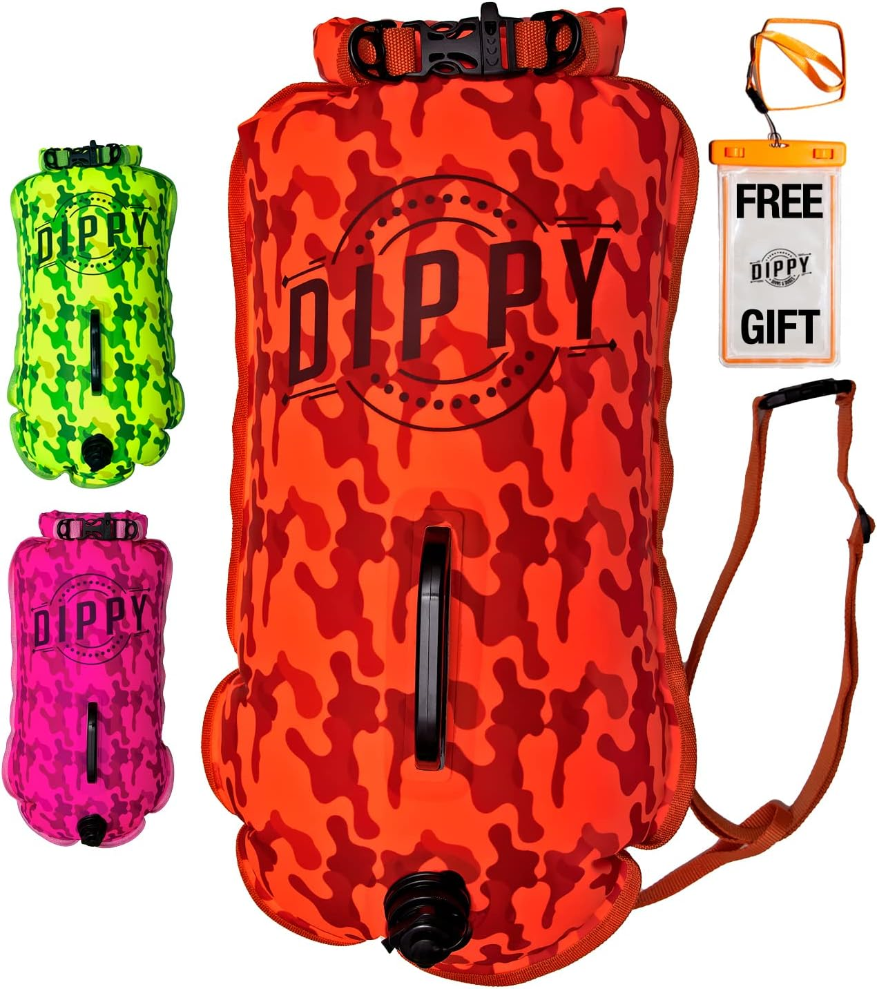 DIPPY Tow Floats for Open Water Swimming | 28L Swim Buoy Open Water Swimming Float | Waterproof Swimming Buoy | Tow Float Dry Bag | Wild Swimming Float | Wild Swimming Accessories (Orange Cammo) image number 6