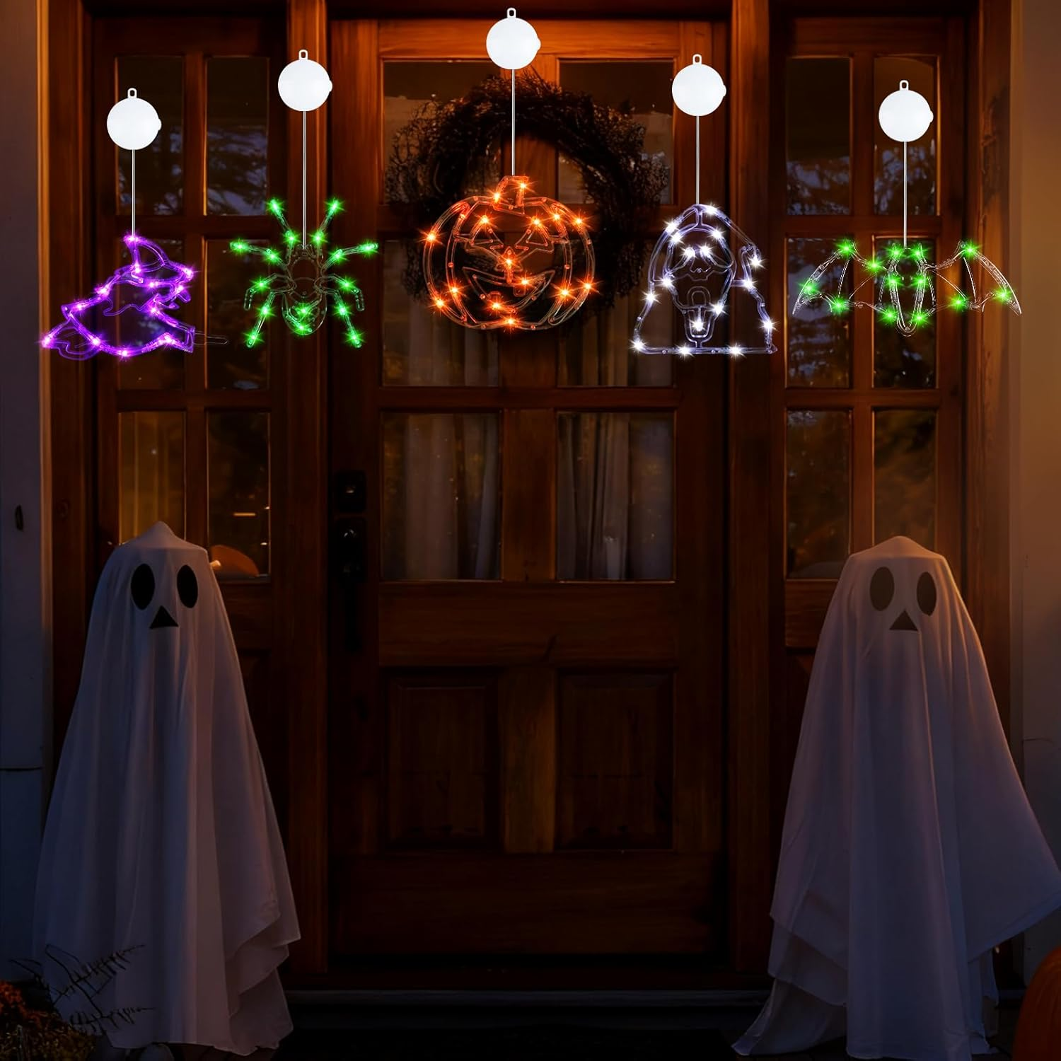 Wlicon 5 PCS Halloween Lights Decorations Green Spider Orange Pumpkin White Ghost Purple Witch Green Bat with Suction Cups and Battery Operated Halloween Lights with Timer for Window House Decoration image number 3