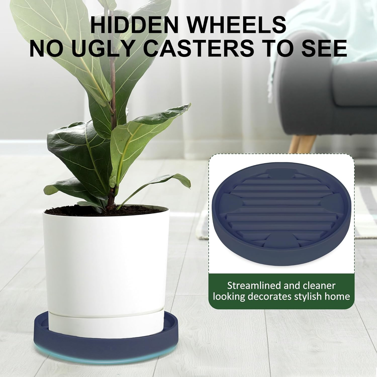 30Cm Plant Caddy with Hidden Wheels, 4 Invisible Caters, Rolling Plants Stand with Wheel Dolly, Wheeled Planter Roller Base, Indoor Pots Holder Tray Plants Pallet, Dark Blue-Grey, 2Pack image number 5