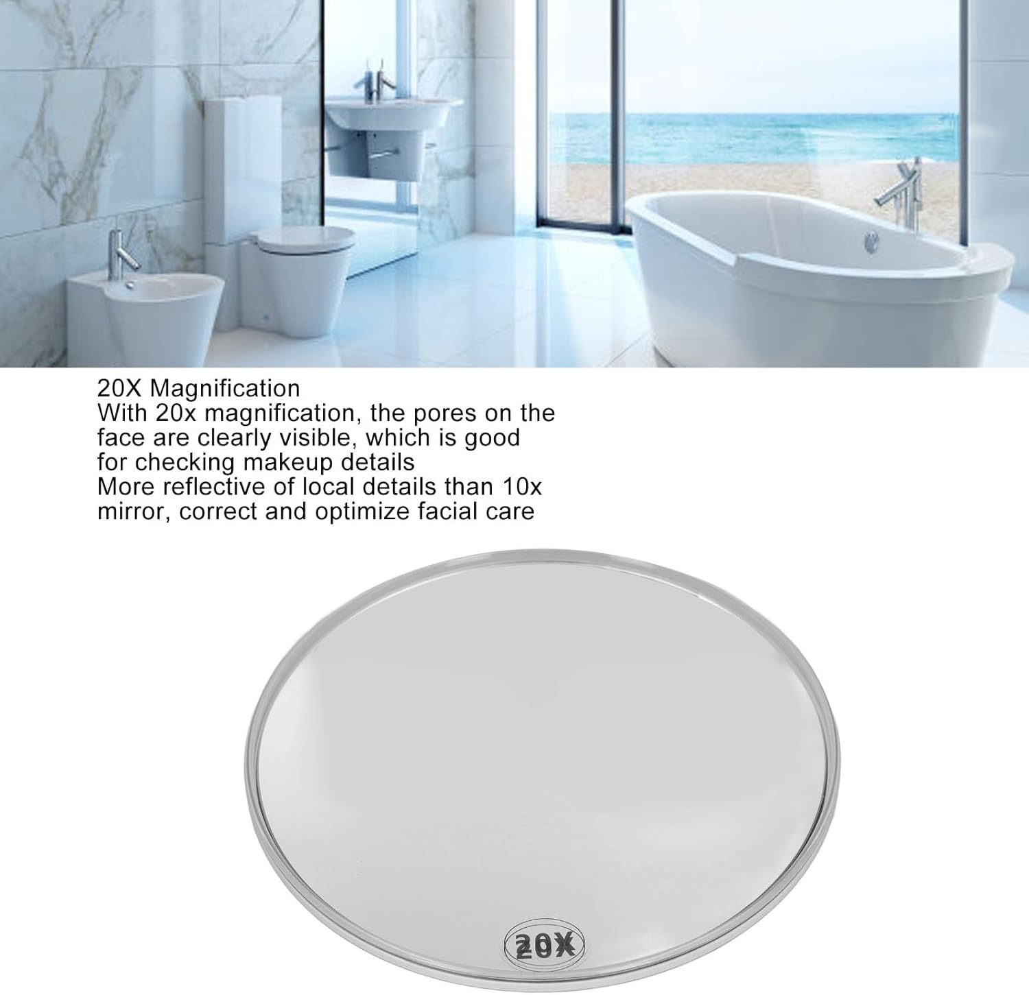 Space Saving 20X Magnifying Mirror with Strong Suction Cups for Facial Care, Portable round Makeup Mirror for Travel, Abs/Glass (White) - White image number 3