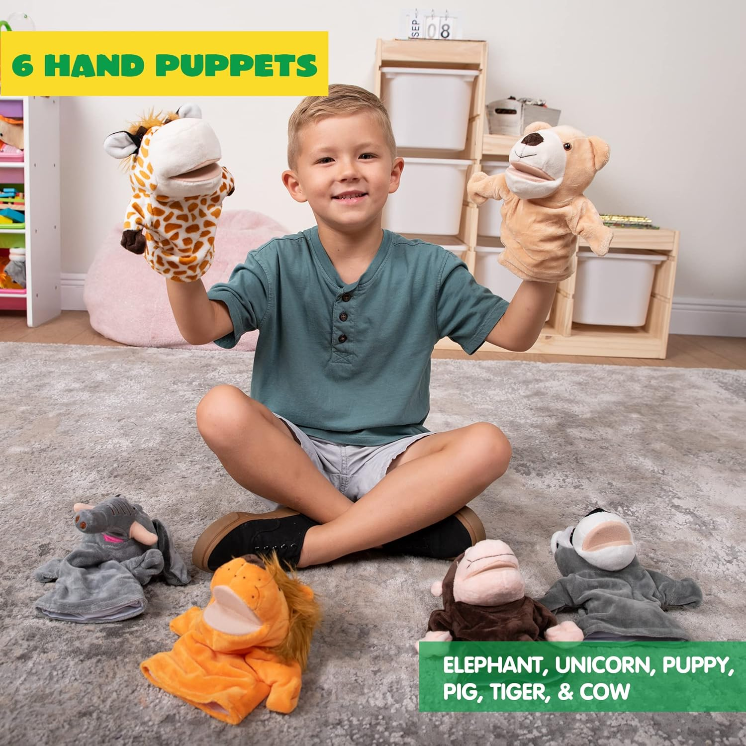 JOYIN Animal Friends Deluxe Kids Hand Puppets with Working Mouth (Pack of 6) for Imaginative Play, Toddler Animal Plush Toy, Birthday Gifts image number 2