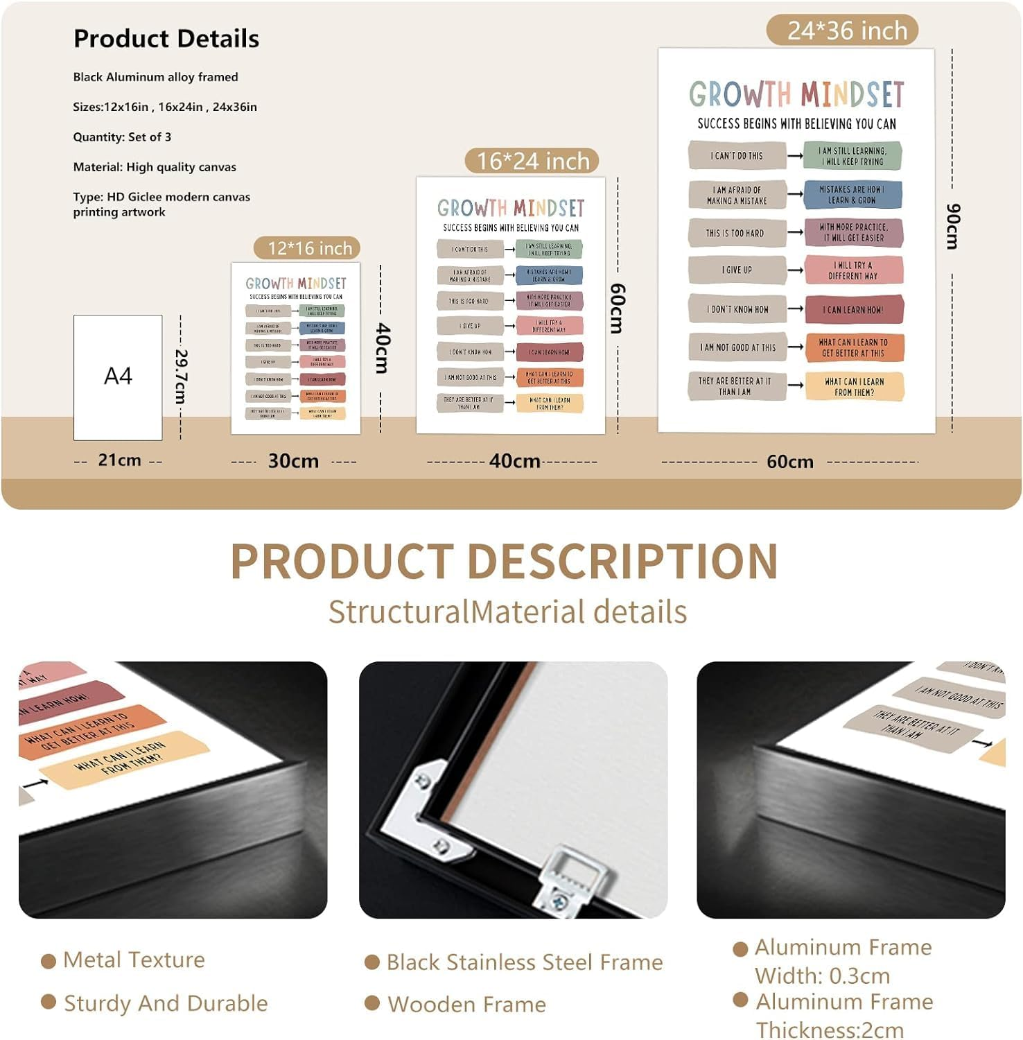 Classroom Growth Mindset Posters Positive Affirmations Quotes Canvas Wall Art Mental Health Therapy Office Motivational Decor Kids Educational Prints for Calming Corner Decorations 12X16In Unframed