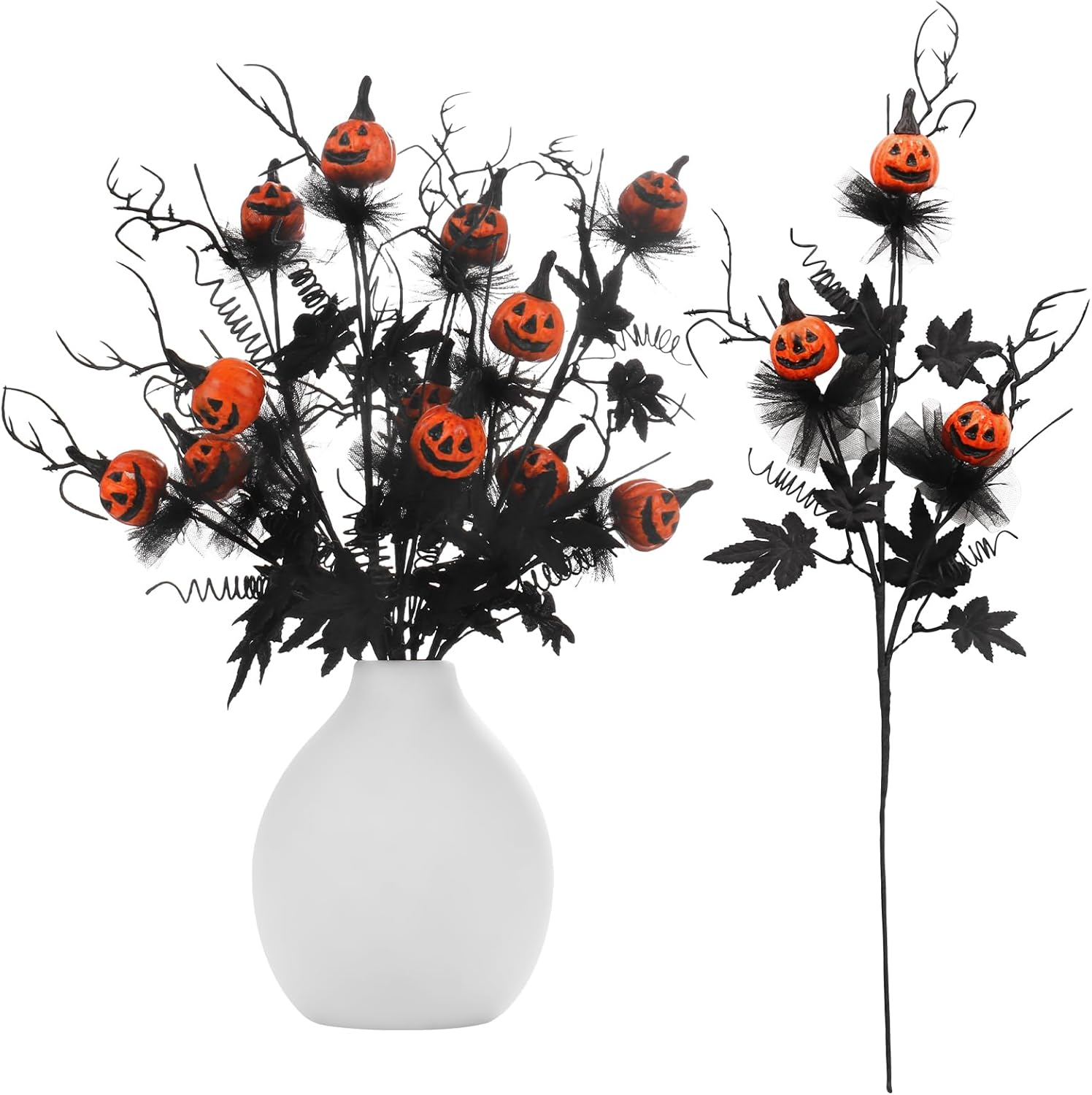 Rosecraft 5PCS Halloween Decorations, 19.5Inch Artificial Pumpkin Maple Leaf Floral Stems Halloween Branches Decoration, for Home Indoor Party Vase Arrangement Decor（Black/Orange）. image number 4