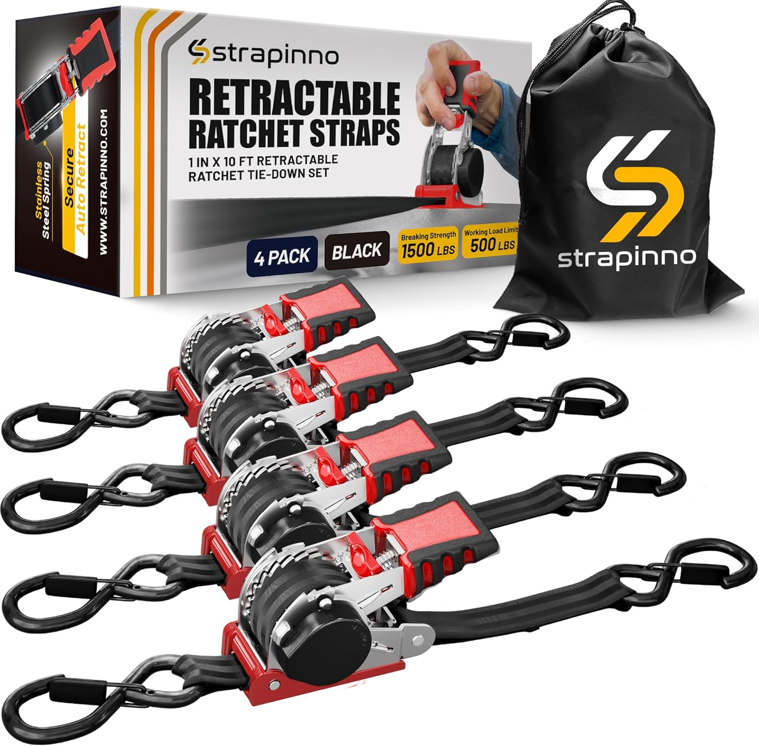 Strapinno Retractable Ratchet Straps 1 in X 10 Ft, Secure Tie-Downs with Rubber-Coated Steel Handles, for Motorcycle, Jetski, Kayak, Breaking Strength 1,500LBS/680KG (Red Strap, Black Coated)