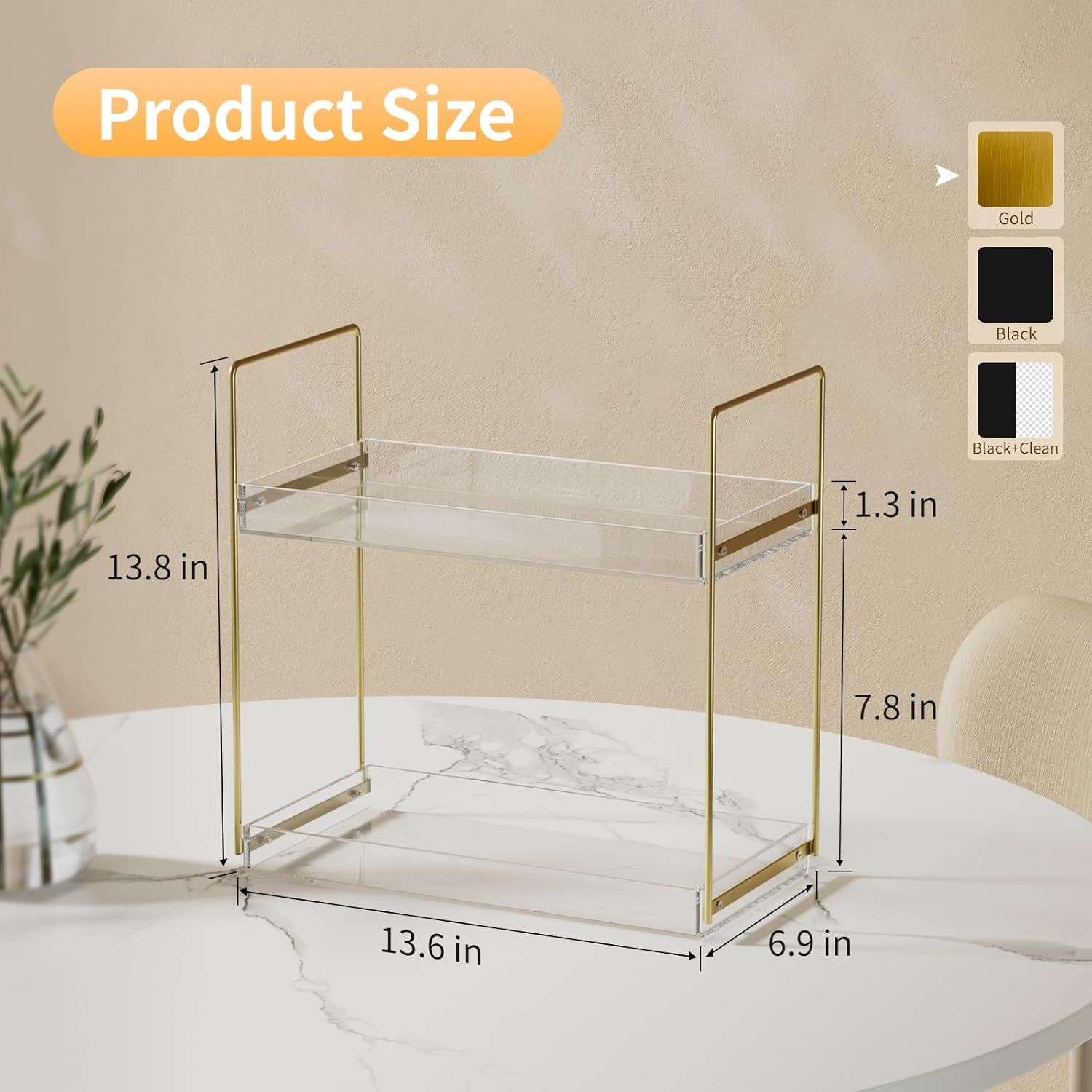 Bathroom Countertop Organizer, 2 Tier Acrylic Tray Vanity Counter Skincare Organizer Shelf, Kitchen under Sink Standing Rack, Home Storage Holder for Lotion Makeup Cosmetics Perfume Spice, Gold