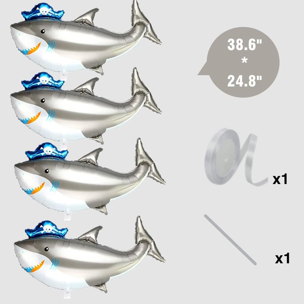4Pcs Shark Balloons Large Aluminum Foil Shark Balloon Pirate Theme Ocean Theme Birthday Party Decorations Baby Shower(Pirate Shark-4Pcs) image number 3