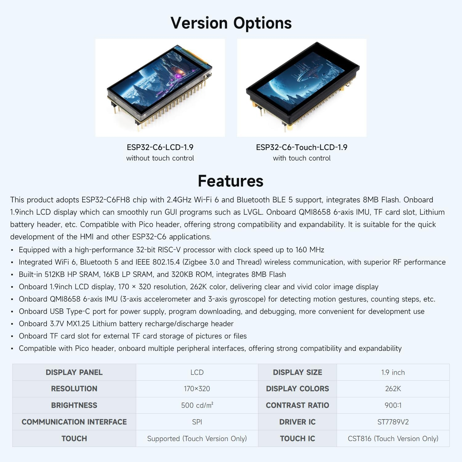 Waveshare ESP32-C6 1.9Inch Display Development Board, 170&times;320 Pixels, 262K Colors, 160Mhz RISC-V Single-Core Processor, WI-F 6 & Blue-T, 90&deg; Rotation Support, with Touch Function