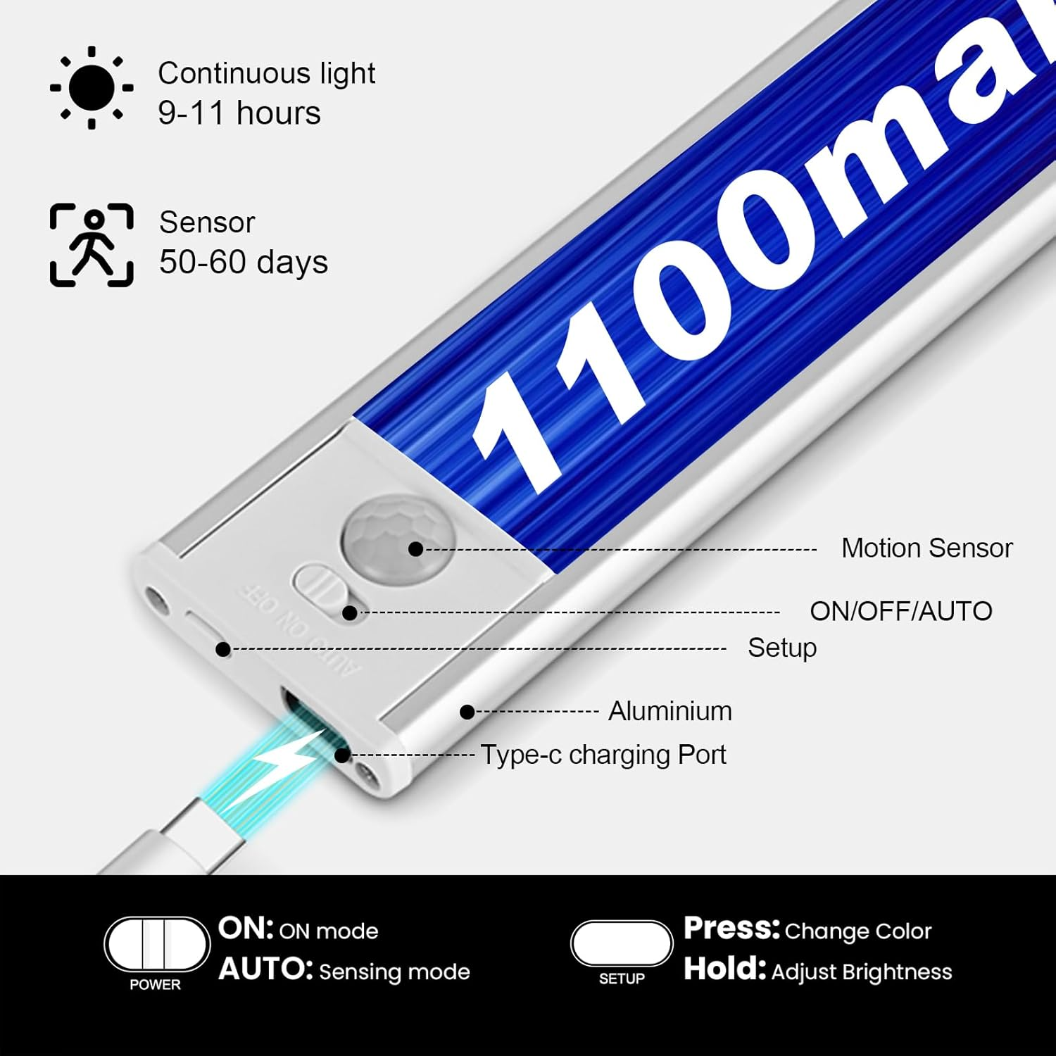 4 Pack Motion Sensor under Cabinet Lights,Upgraded Rechargeable 1100Mah Battery, Dimmable 3 Color Temps LED Light Bars with Magnetic Stick-On for Closet, Kitchen, Pantry, Stairs, Hallway