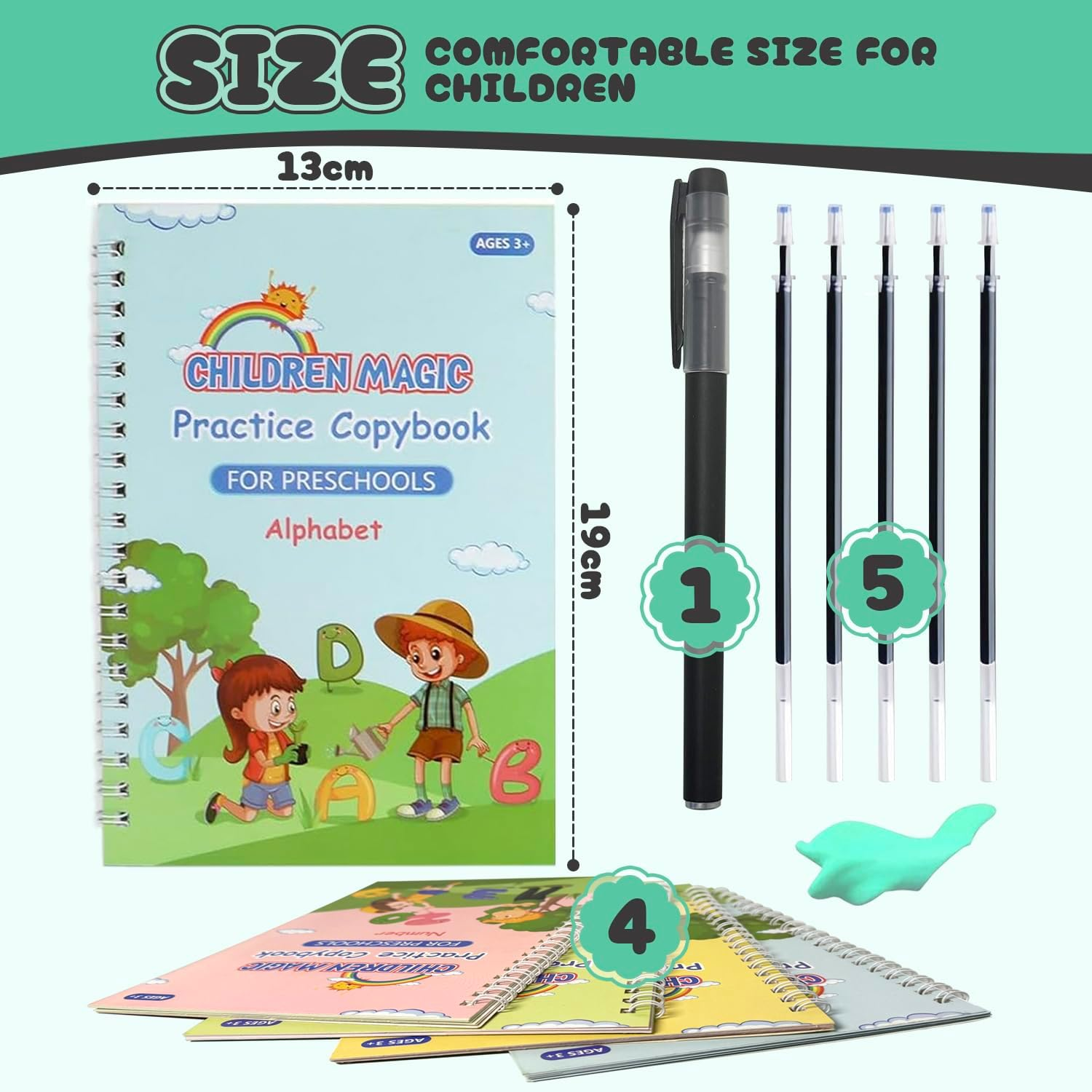 Chamgeco 4-Pack Reusable Magic Ink Practice Copybooks, Grooved Handwriting Workbook Caligraphy Beginners Set with Pen Refill, Preschool Number Letter Tracing Writing Book for Kids Ages 3-6